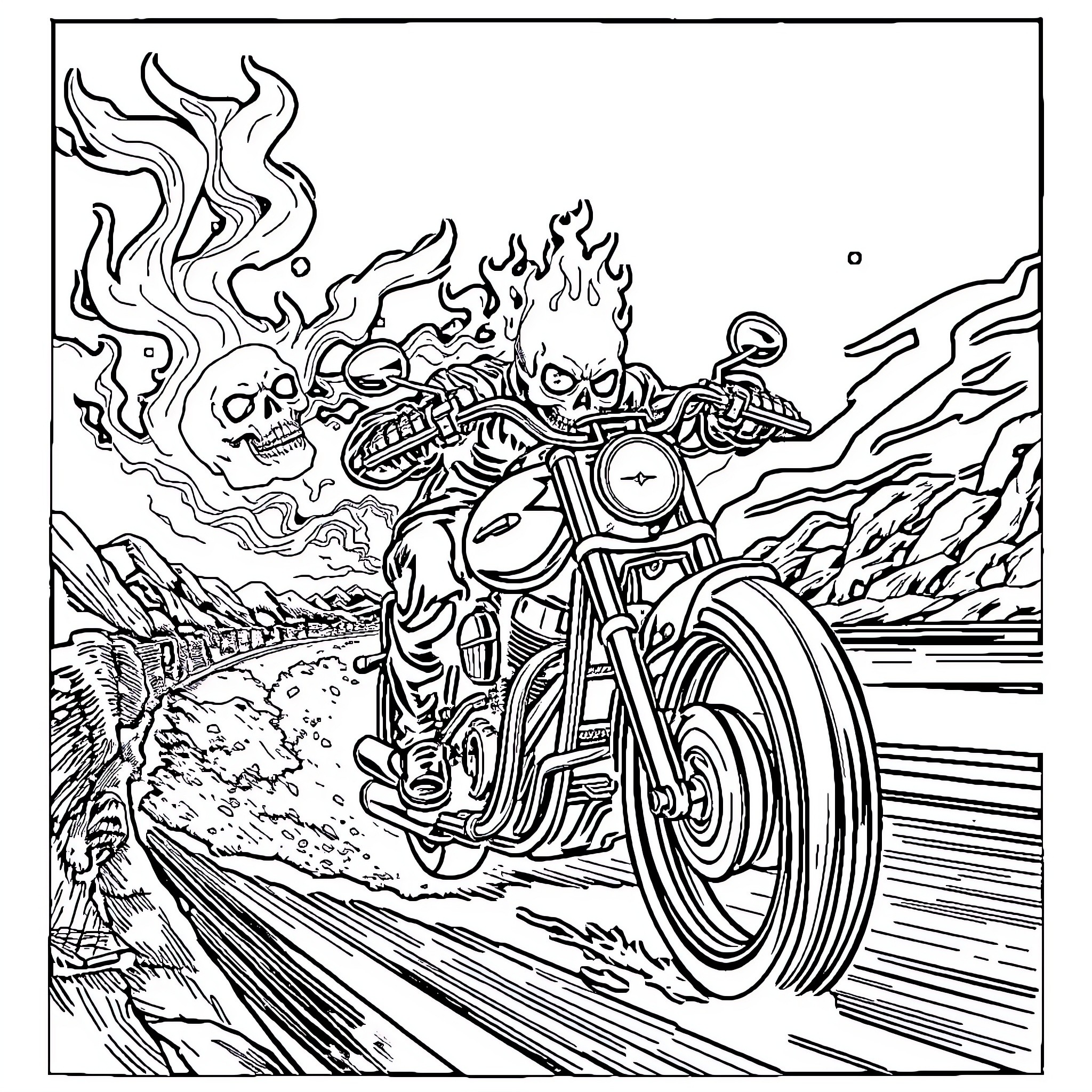Ghost Rider speeding through a fiery landscape on a motorcycle Coloring Page (free black-and-white line drawing printable PDF for all, from beginners to advanced learners, including children, teens, adults, and seniors)