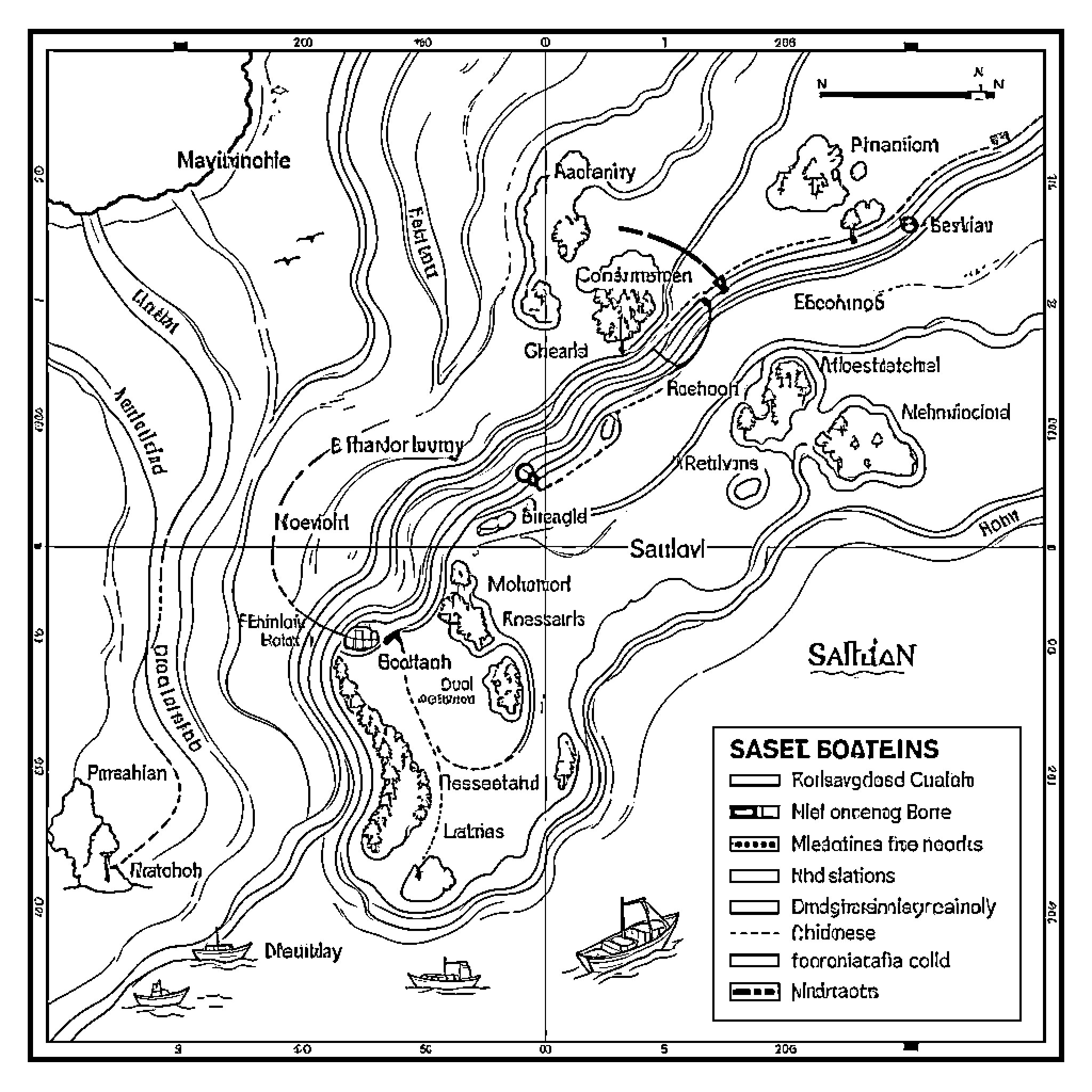 Navigation Chart of Saset Boateins with Topographical Features Coloring Page (free black-and-white line drawing printable PDF for all, from beginners to advanced learners, including children, teens, adults, and seniors)