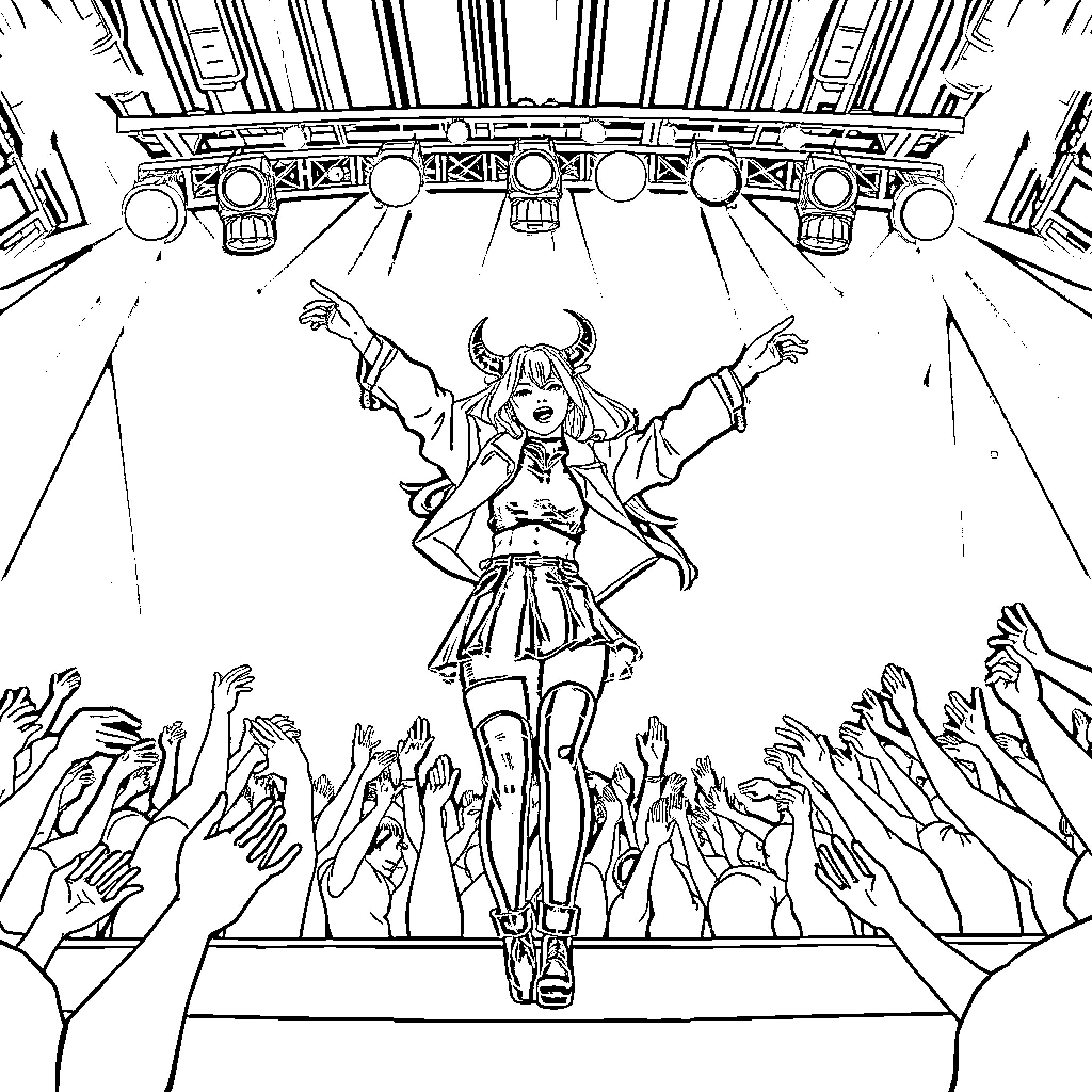 Rumi's Exuberant Performance on Stage Coloring Page (free black-and-white line drawing printable PDF for all, from beginners to advanced learners, including children, teens, adults, and seniors)