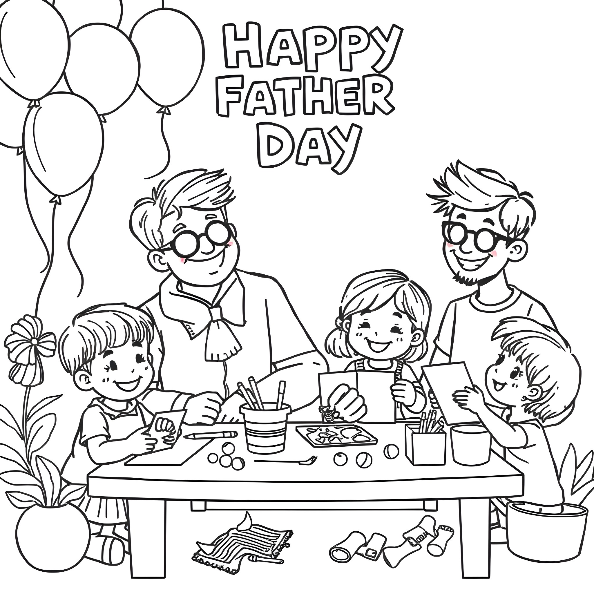 Father's Day family arts and crafts time Coloring Page (free black-and-white line drawing printable PDF for all, from beginners to advanced learners, including children, teens, adults, and seniors)