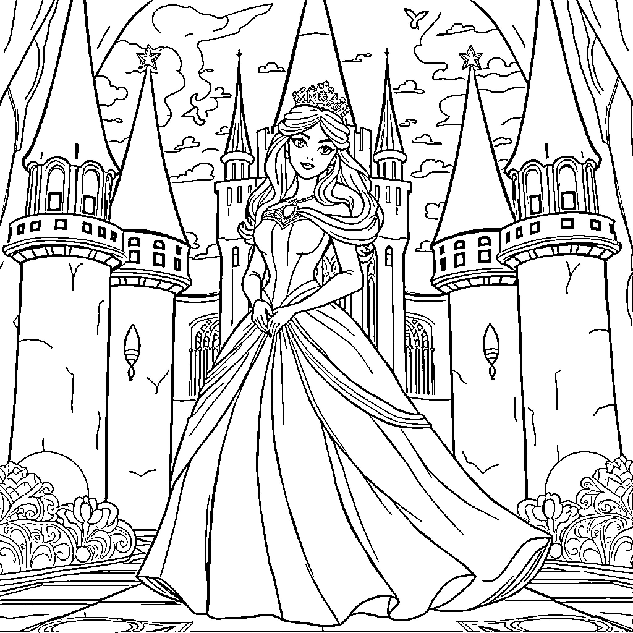 Princess posing gracefully in front of a castle Coloring Page (free black-and-white line drawing printable PDF for all, from beginners to advanced learners, including children, teens, adults, and seniors)