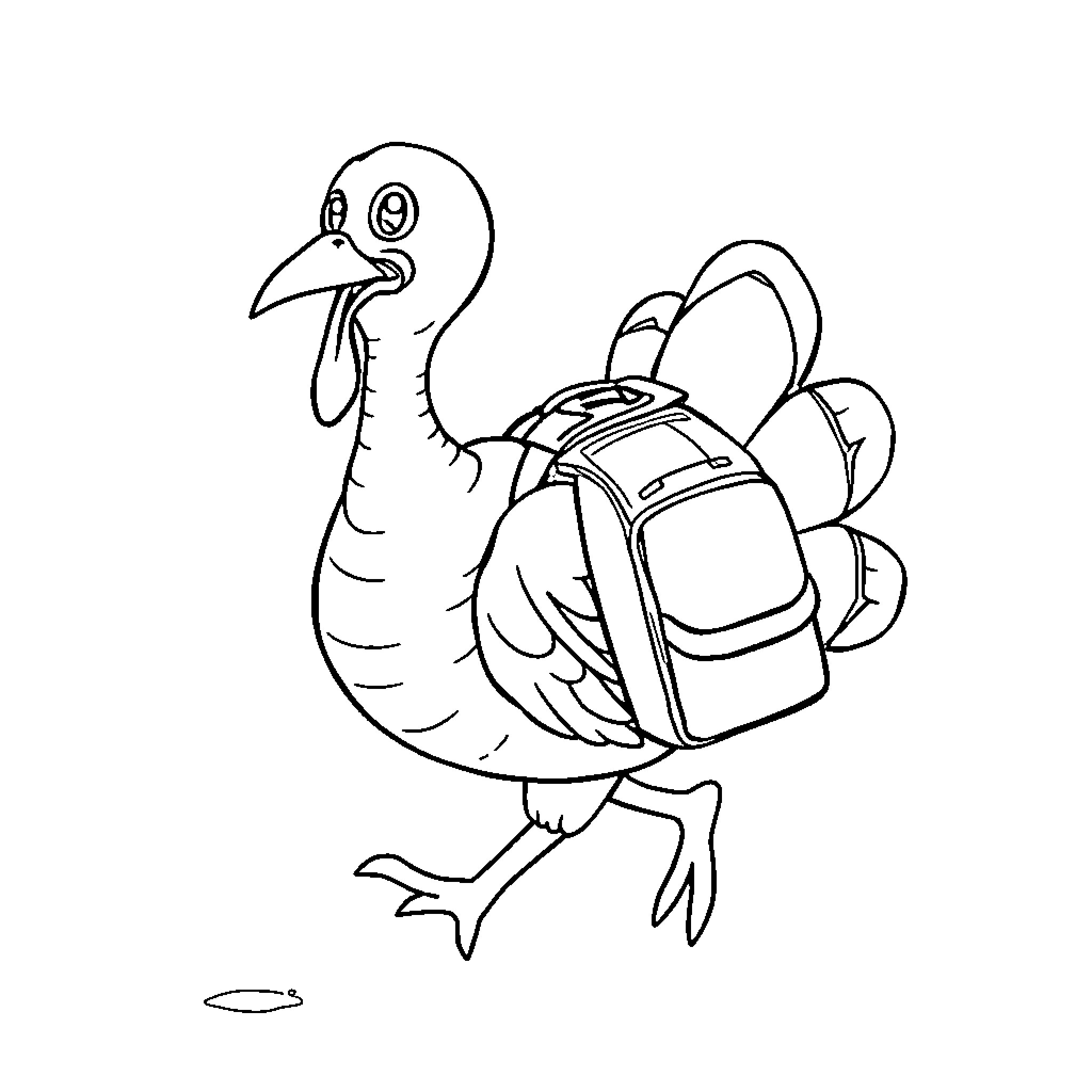 Turkey with Backpack Heading to School Coloring Page (free black-and-white line drawing printable PDF for all, from beginners to advanced learners, including children, teens, adults, and seniors)