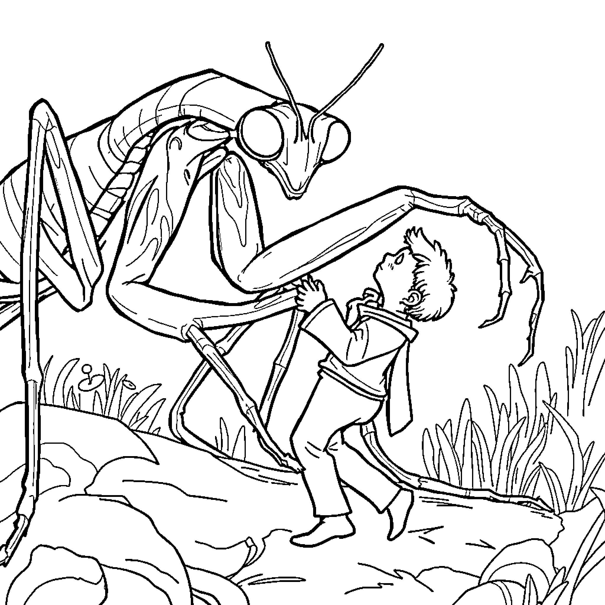 Praying Mantis Observing a Curious Human Intruder Coloring Page (free black-and-white line drawing printable PDF for all, from beginners to advanced learners, including children, teens, adults, and seniors)