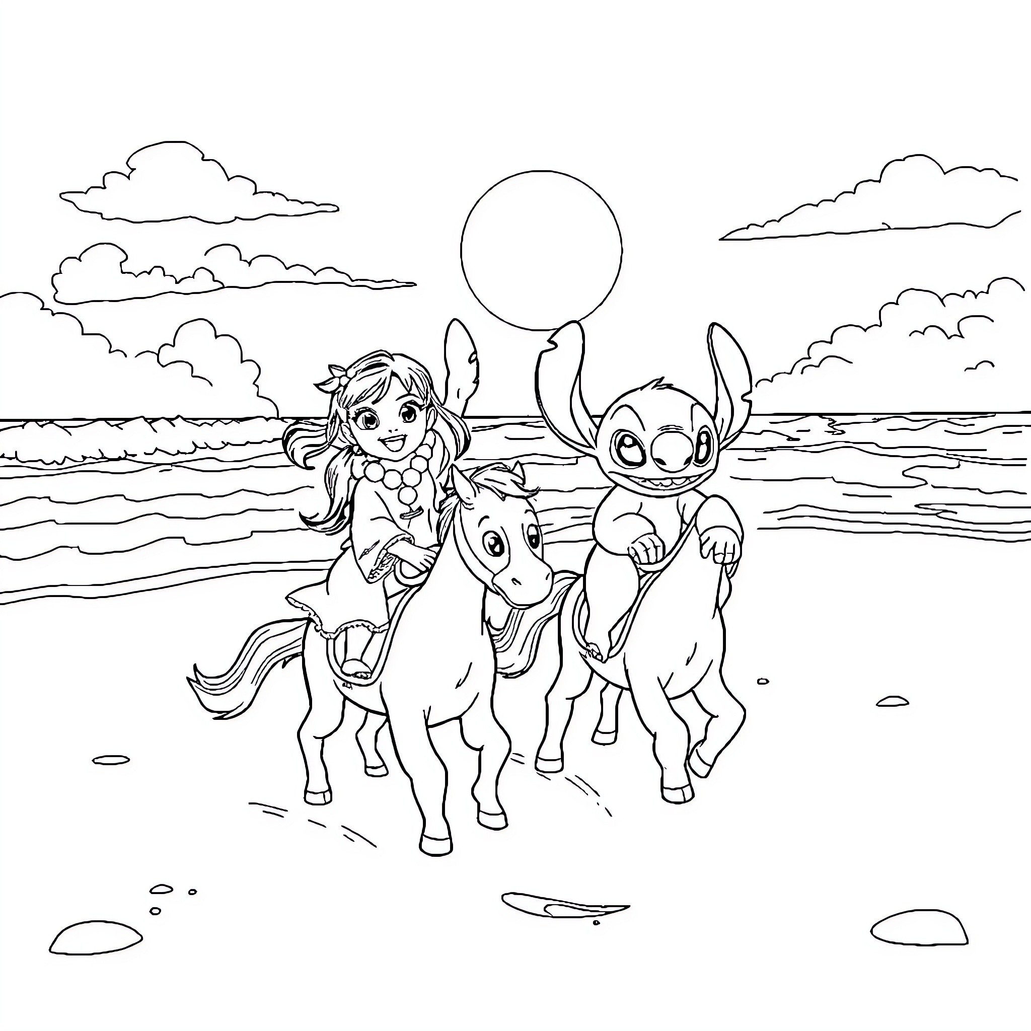 Lilo and Friends Enjoy a Carefree Beach Adventure Coloring Page (free black-and-white line drawing printable PDF for all, from beginners to advanced learners, including children, teens, adults, and seniors)