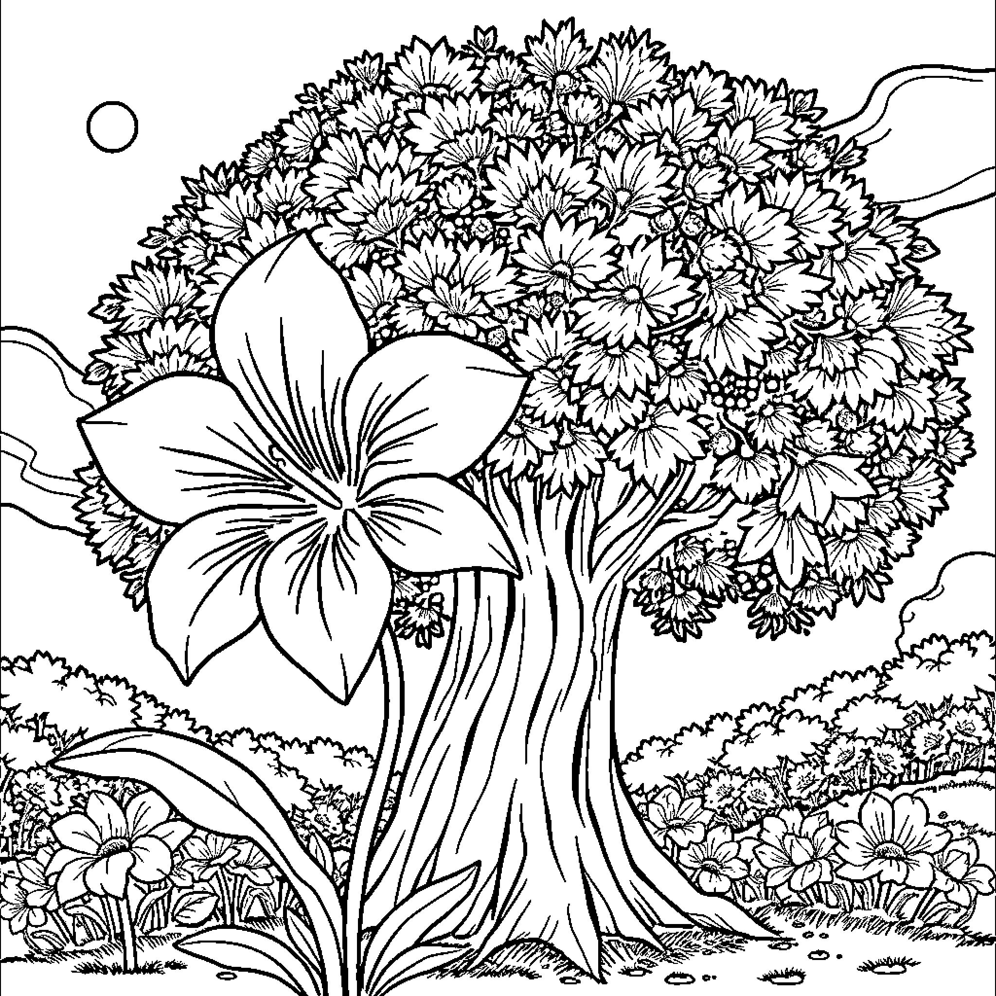 Flower Bouquet Blossoming in Serene Landscape Coloring Page (free black-and-white line drawing printable PDF for all, from beginners to advanced learners, including children, teens, adults, and seniors)