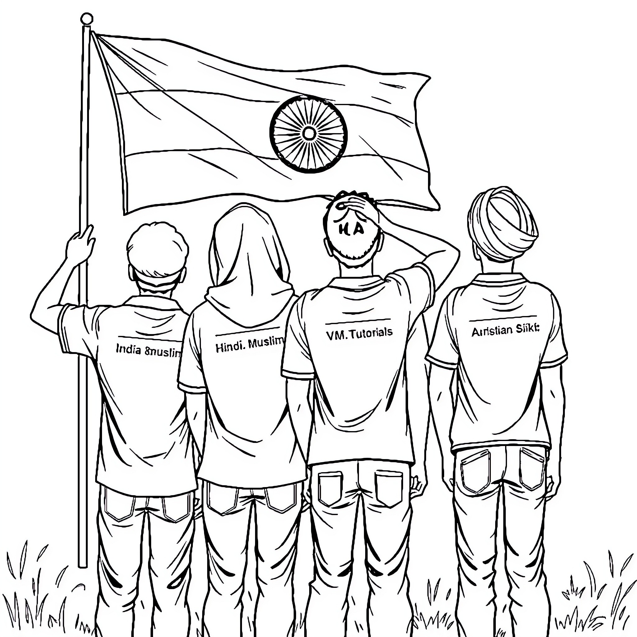 Students standing together with Indian flag Coloring Page (free black-and-white line drawing printable PDF for all, from beginners to advanced learners, including children, teens, adults, and seniors)