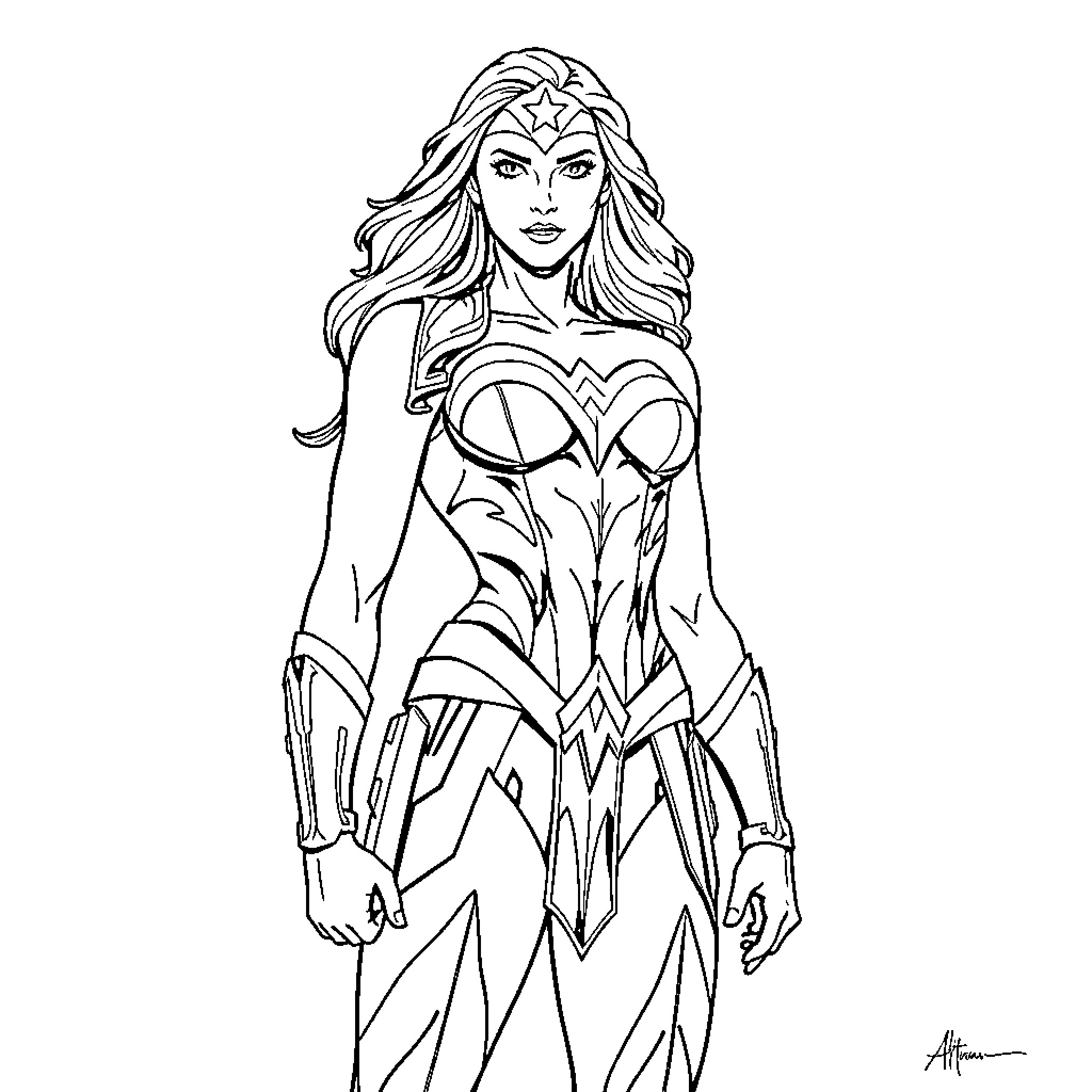 Wonder Woman in heroic stance with detailed costume Coloring Page (free black-and-white line drawing printable PDF for all, from beginners to advanced learners, including children, teens, adults, and seniors)