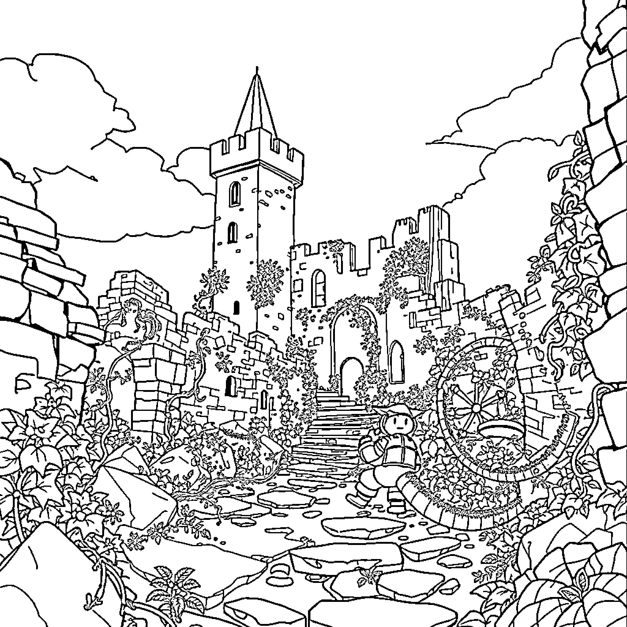 Dragapult exploring the whimsical castle landscape Coloring Page (free black-and-white line drawing printable PDF for all, from beginners to advanced learners, including children, teens, adults, and seniors)