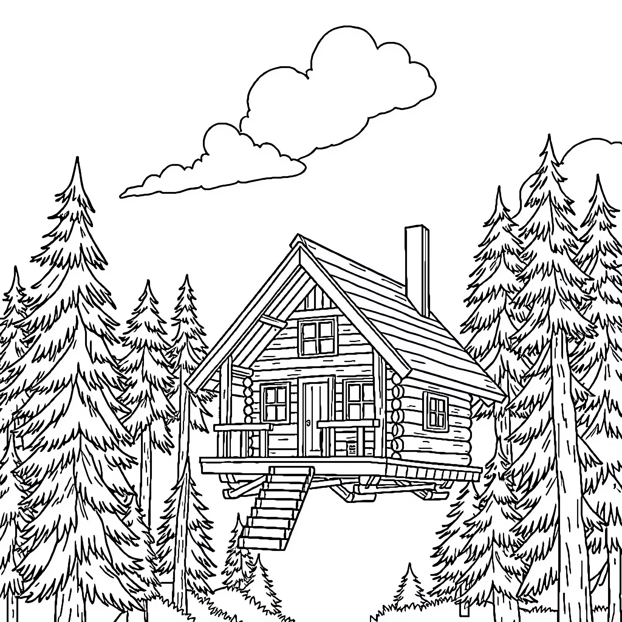 Cabin in the Snowy Forest Coloring Page (free black-and-white line drawing printable PDF for all, from beginners to advanced learners, including children, teens, adults, and seniors)