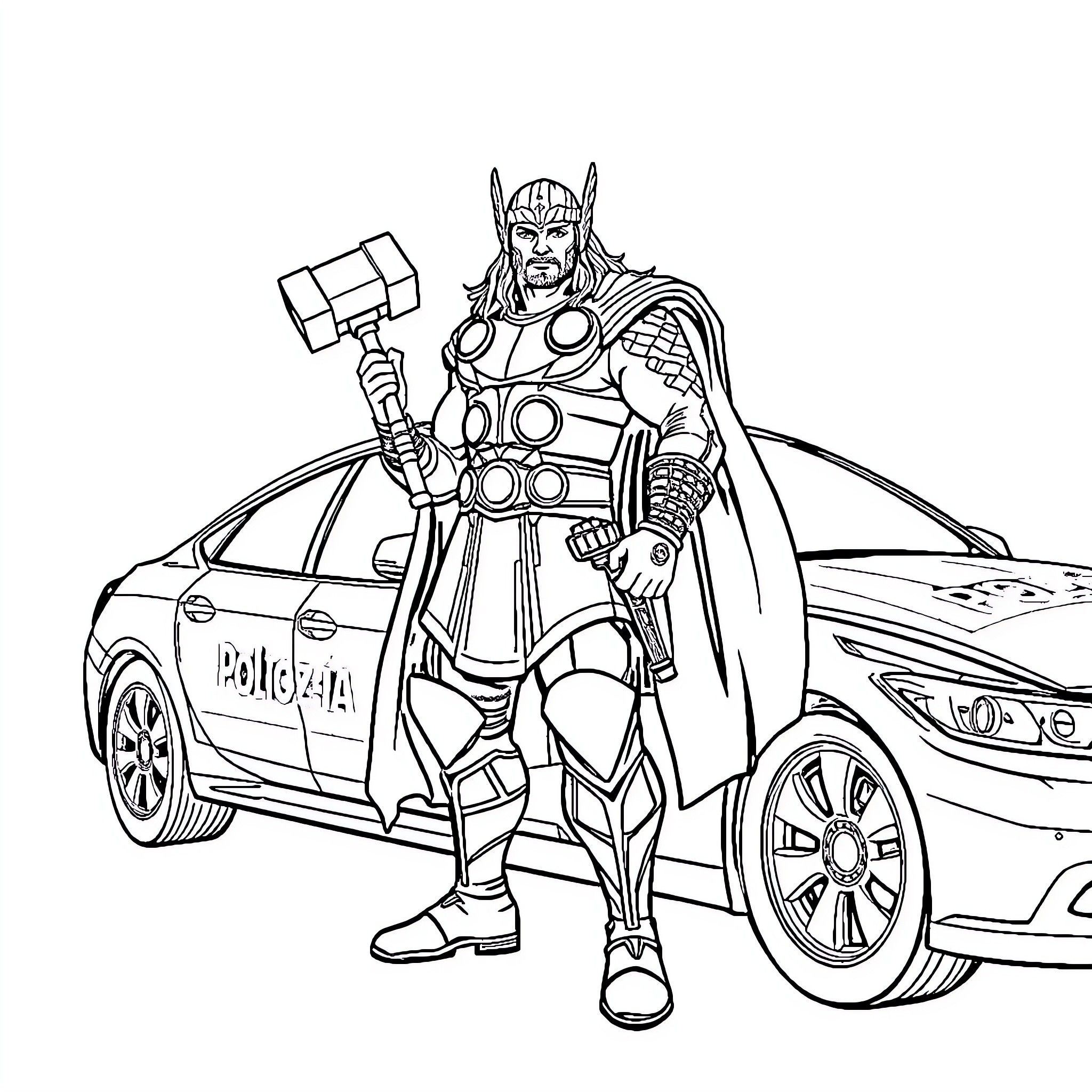 Thor the Mighty Superhero Apprehends Criminals Coloring Page (free black-and-white line drawing printable PDF for all, from beginners to advanced learners, including children, teens, adults, and seniors)