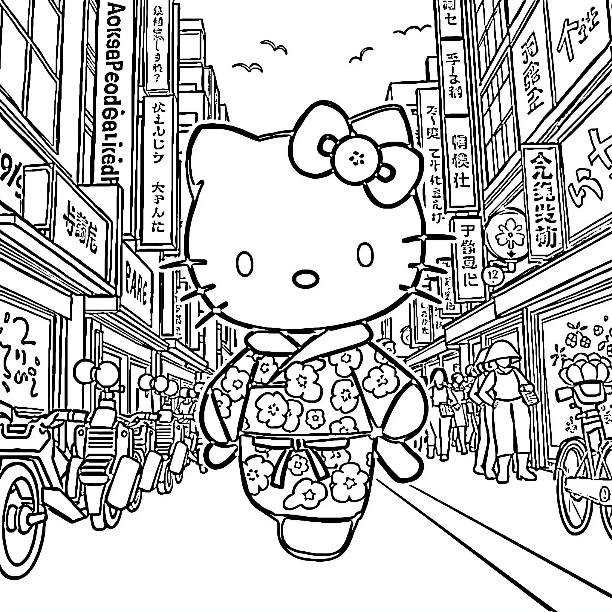 Hello Kitty in a Busy Japanese Street Scene Coloring Page (free black-and-white line drawing printable PDF for all, from beginners to advanced learners, including children, teens, adults, and seniors)