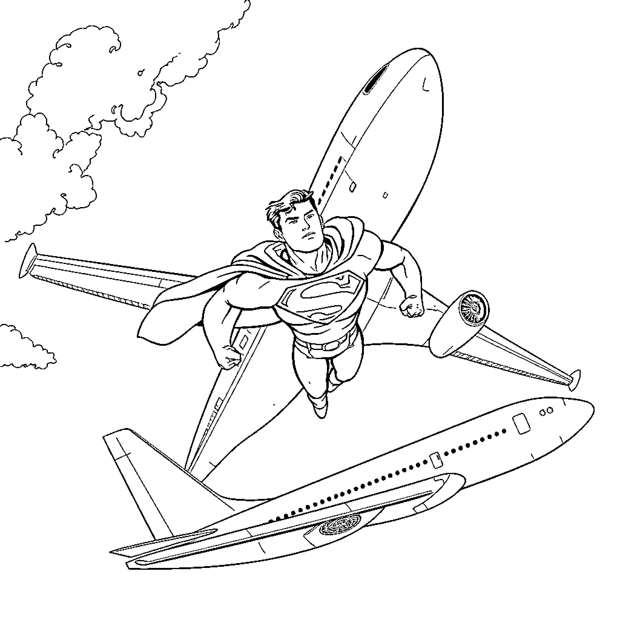 Superman flying heroically with jet in the sky Coloring Page (free black-and-white line drawing printable PDF for all, from beginners to advanced learners, including children, teens, adults, and seniors)