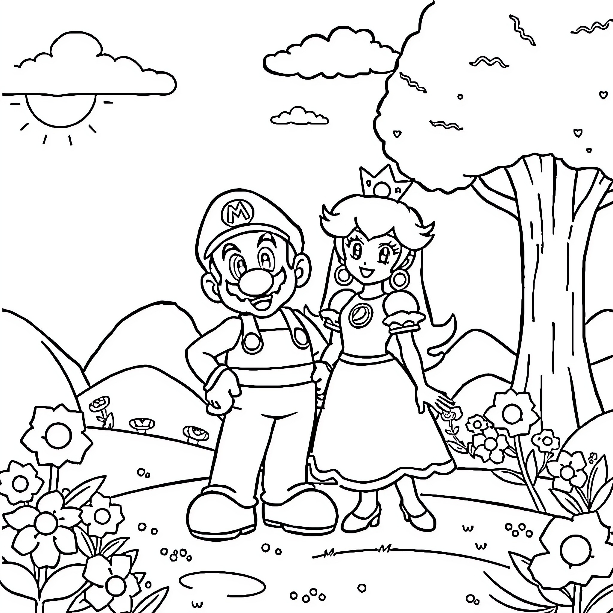 Mario and Princess exploring the natural landscape Coloring Page (free black-and-white line drawing printable PDF for all, from beginners to advanced learners, including children, teens, adults, and seniors)