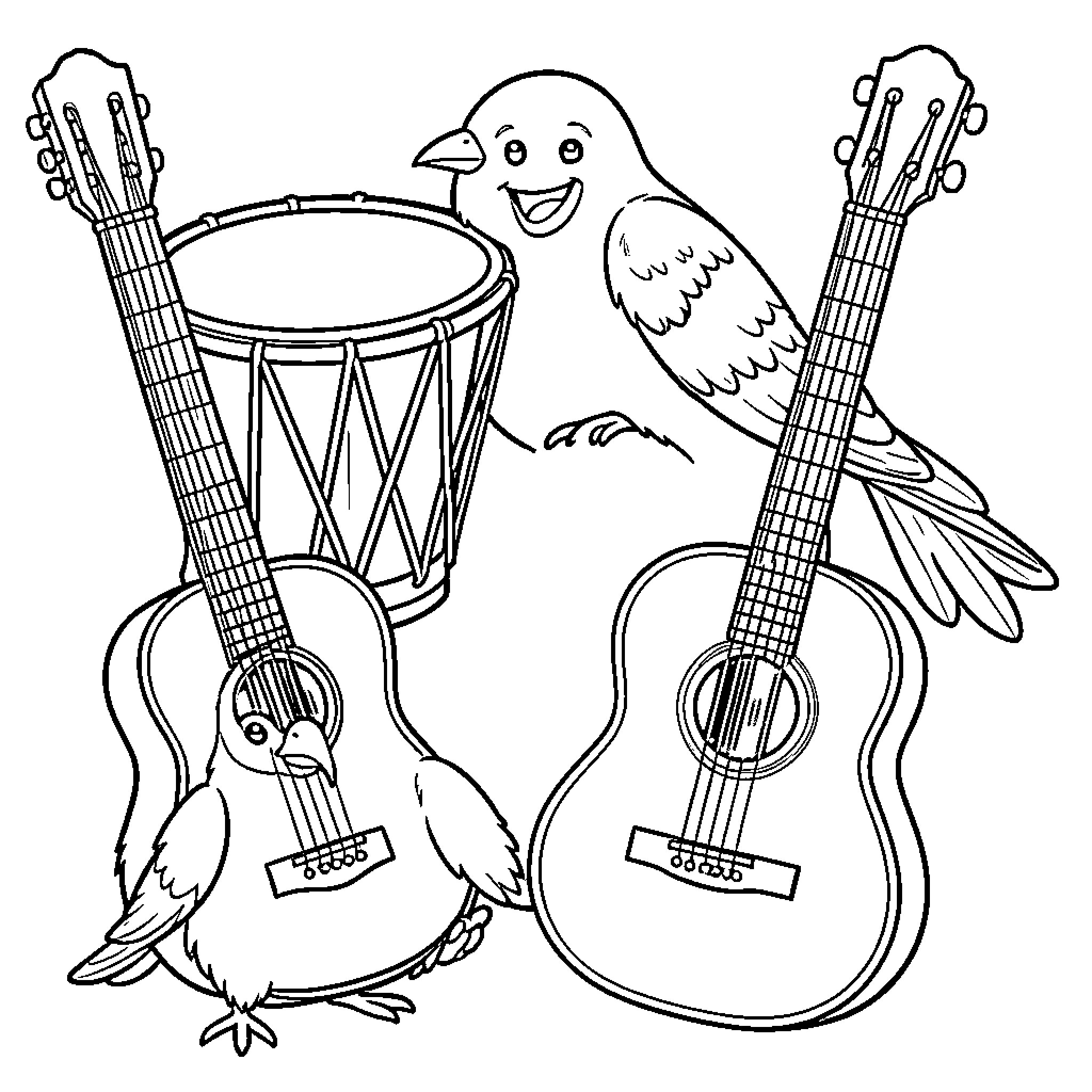 Canary playing drums and guitars Coloring Page (free black-and-white line drawing printable PDF for all, from beginners to advanced learners, including children, teens, adults, and seniors)