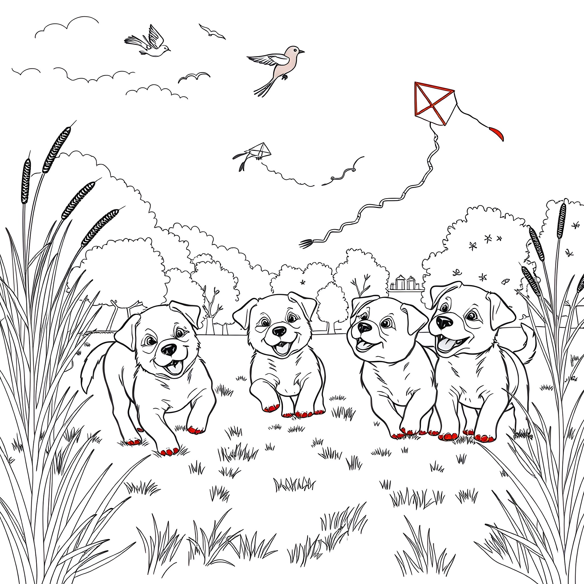 Puppies playing joyfully in the countryside Coloring Page (free black-and-white line drawing printable PDF for all, from beginners to advanced learners, including children, teens, adults, and seniors)