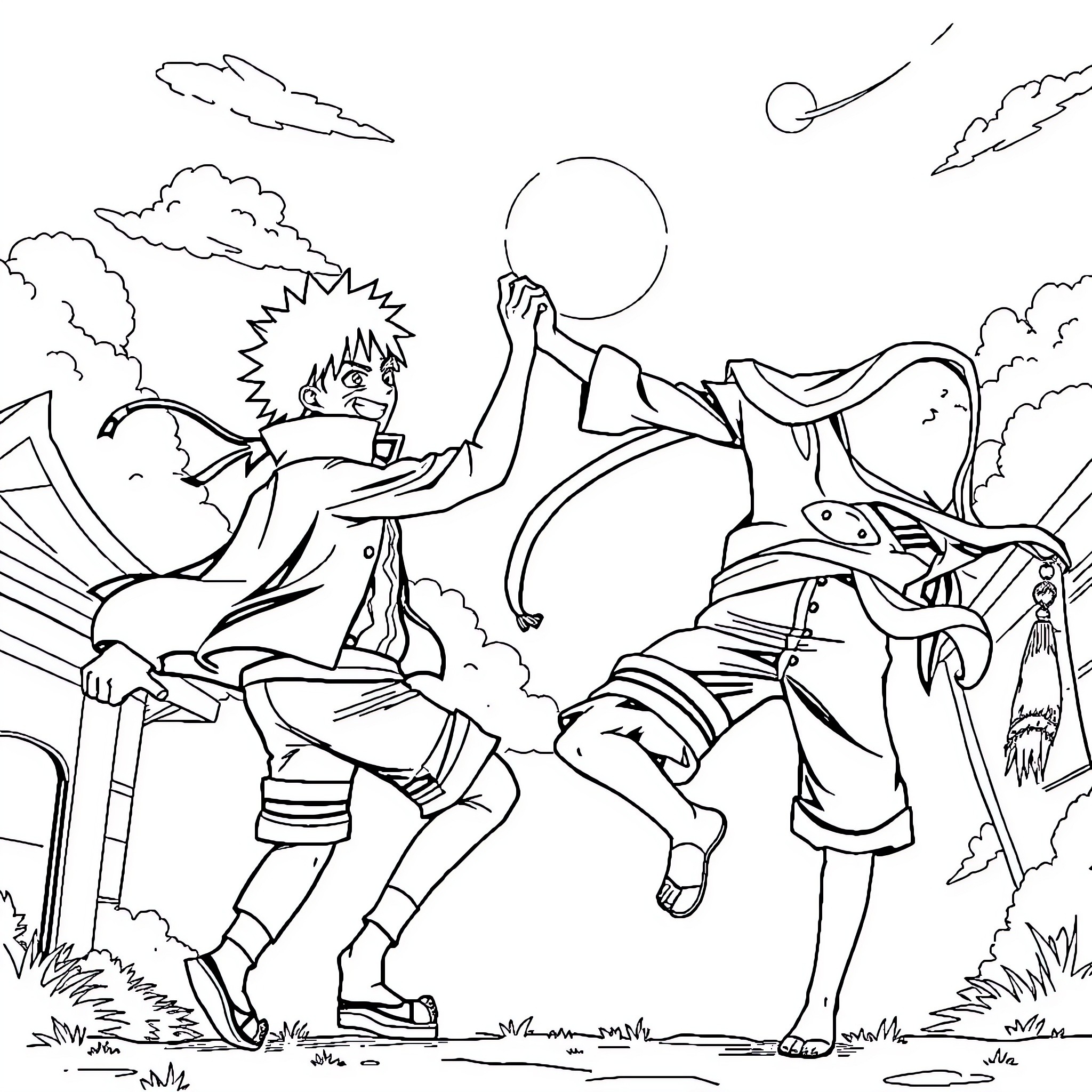 Naruto characters in dynamic outdoor scene Coloring Page (free black-and-white line drawing printable PDF for all, from beginners to advanced learners, including children, teens, adults, and seniors)