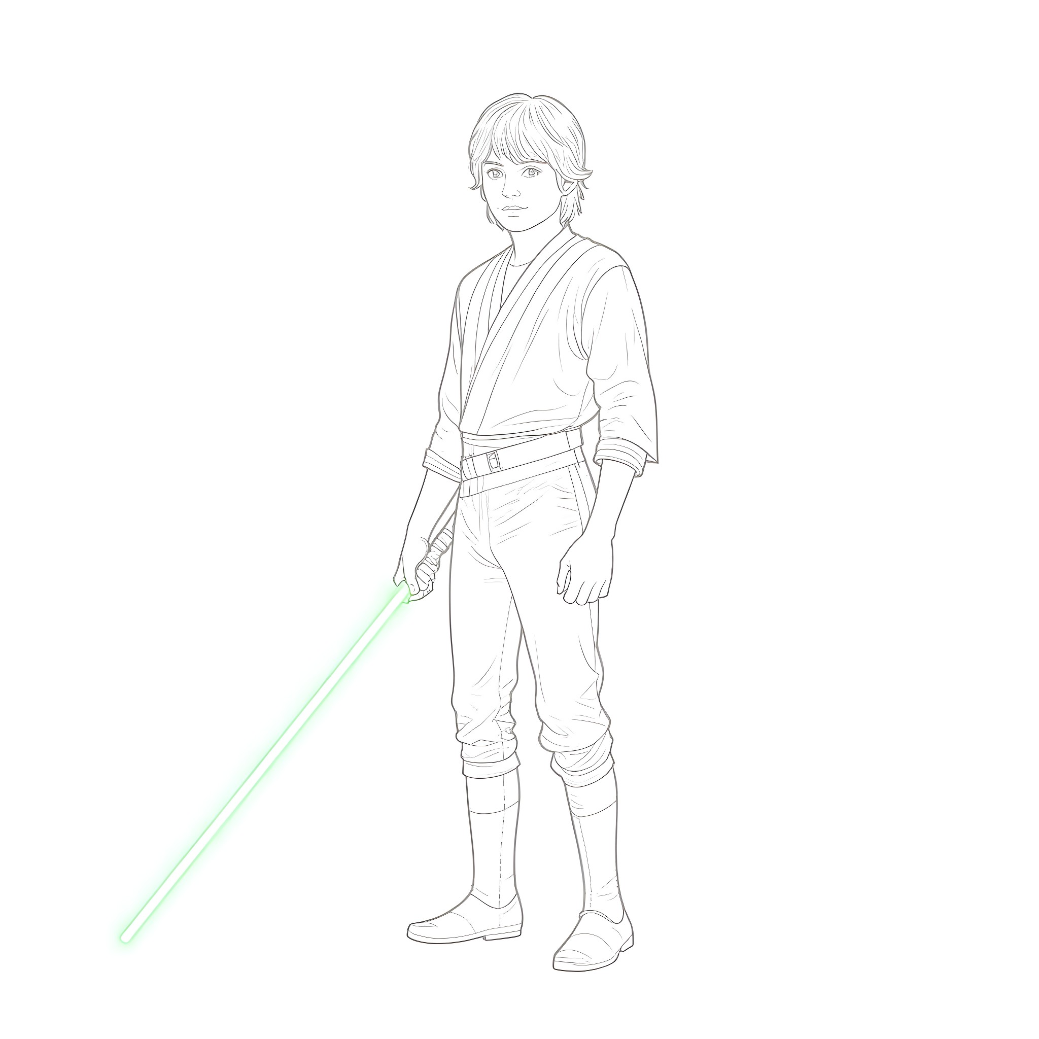 Luke Skywalker in Training with Lightsaber Coloring Page (free black-and-white line drawing printable PDF for all, from beginners to advanced learners, including children, teens, adults, and seniors)