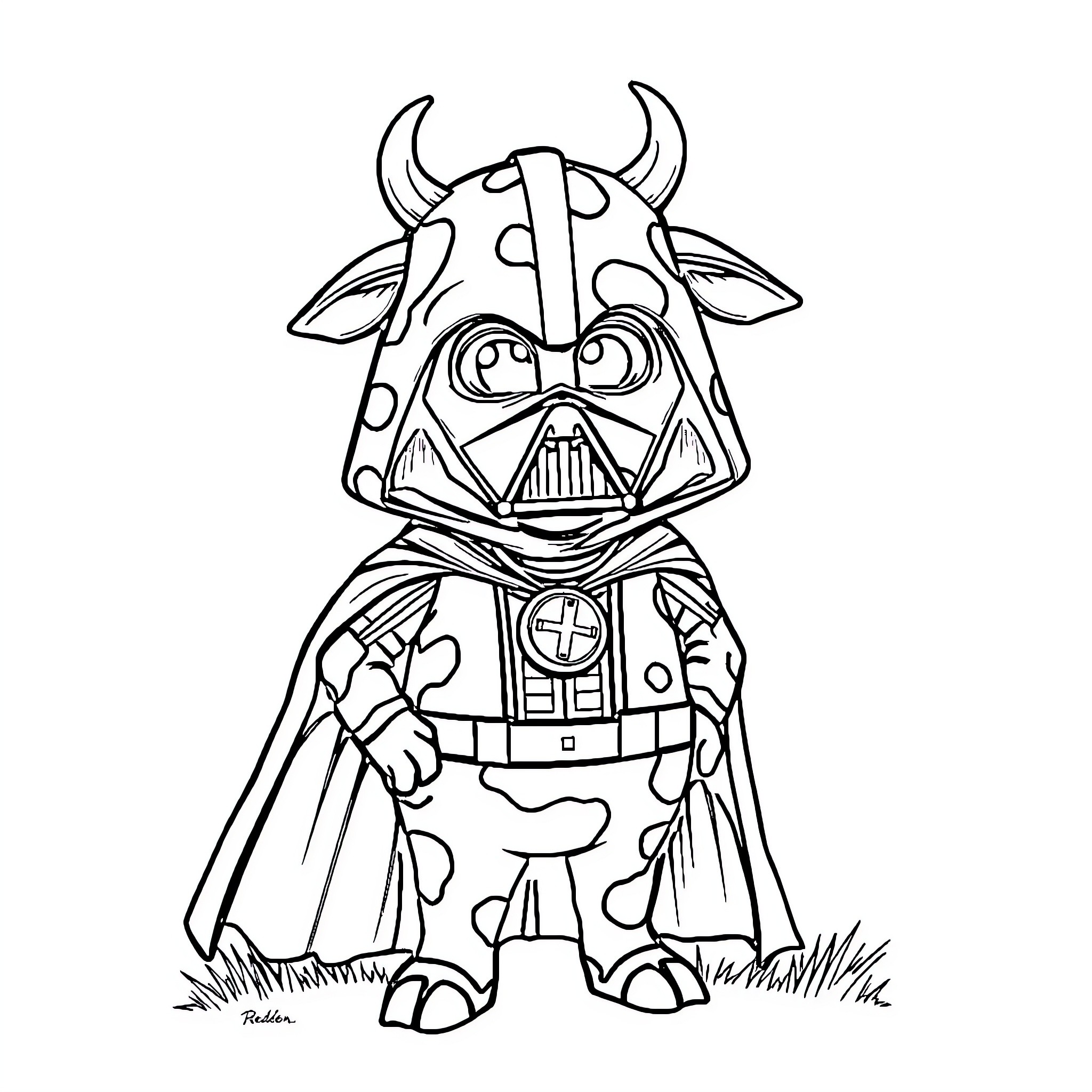 Earth Vader in Comical Cow-themed Costume Coloring Page (free black-and-white line drawing printable PDF for all, from beginners to advanced learners, including children, teens, adults, and seniors)