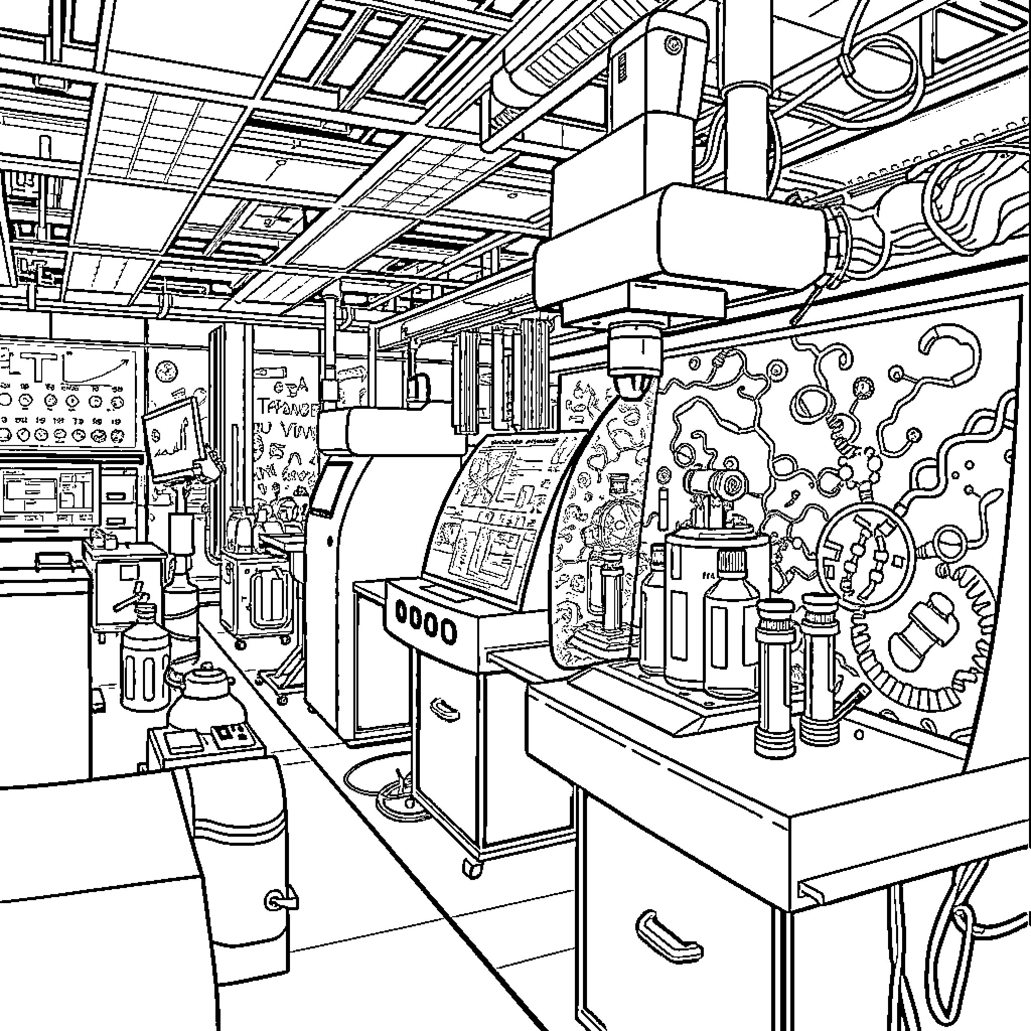 Proteomics research laboratory interior scene Coloring Page (free black-and-white line drawing printable PDF for all, from beginners to advanced learners, including children, teens, adults, and seniors)