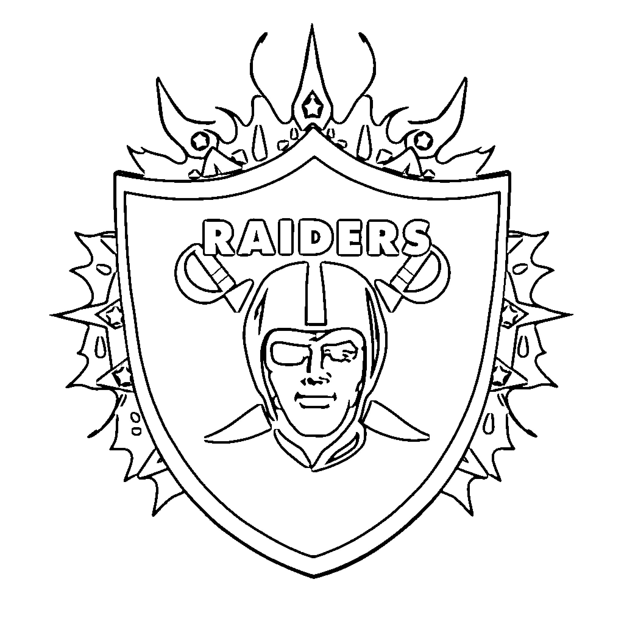 Raiders logo with warrior's shield and crown Coloring Page (free black-and-white line drawing printable PDF for all, from beginners to advanced learners, including children, teens, adults, and seniors)