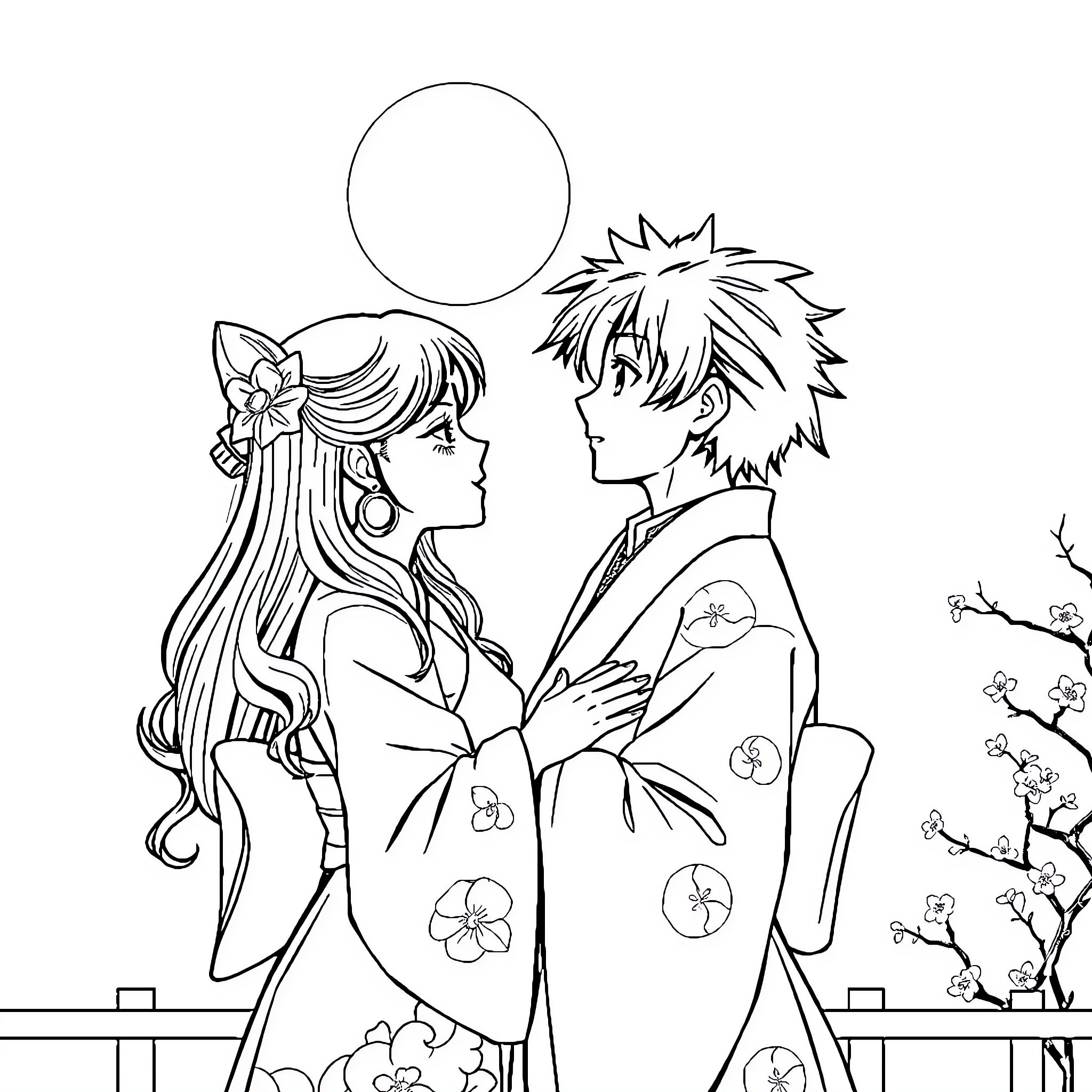 Nezuko and companion in formal attire with floral accents Coloring Page (free black-and-white line drawing printable PDF for all, from beginners to advanced learners, including children, teens, adults, and seniors)