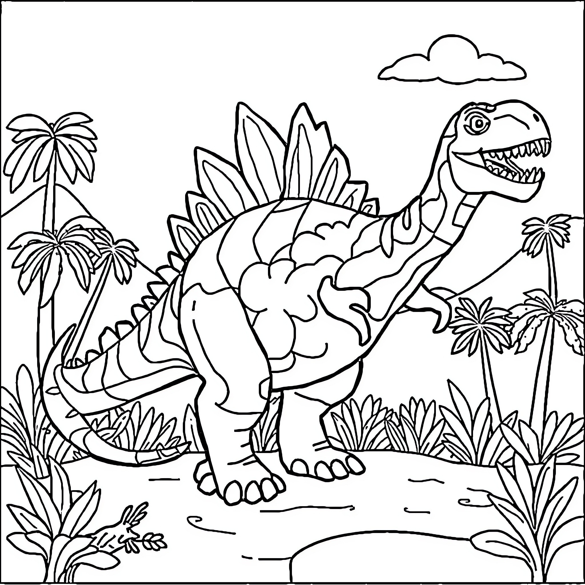 Dinosaur exploring lush prehistoric landscape Coloring Page (free black-and-white line drawing printable PDF for all, from beginners to advanced learners, including children, teens, adults, and seniors)