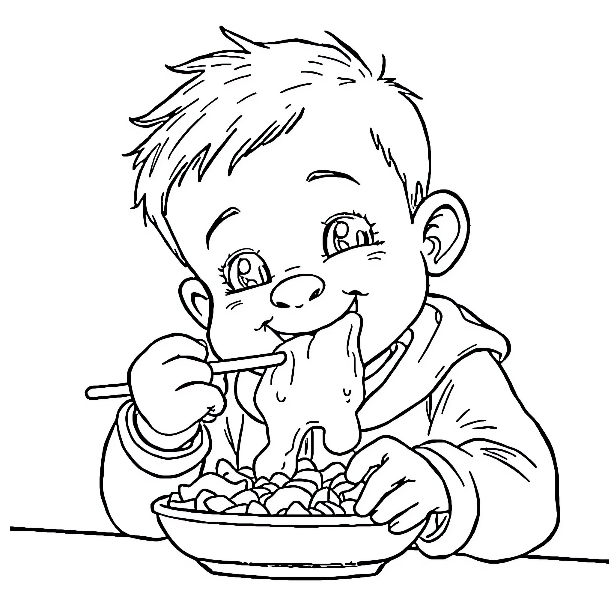 Child enjoying a snack from a bowl Coloring Page (free black-and-white line drawing printable PDF for all, from beginners to advanced learners, including children, teens, adults, and seniors)