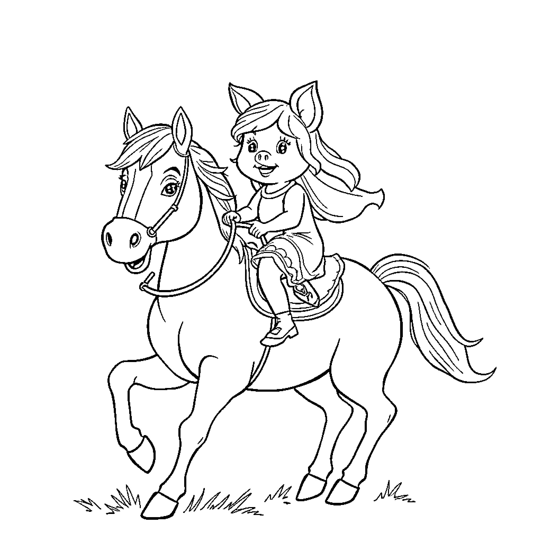 Miss Piggy riding a horse happily Coloring Page (free black-and-white line drawing printable PDF for all, from beginners to advanced learners, including children, teens, adults, and seniors)