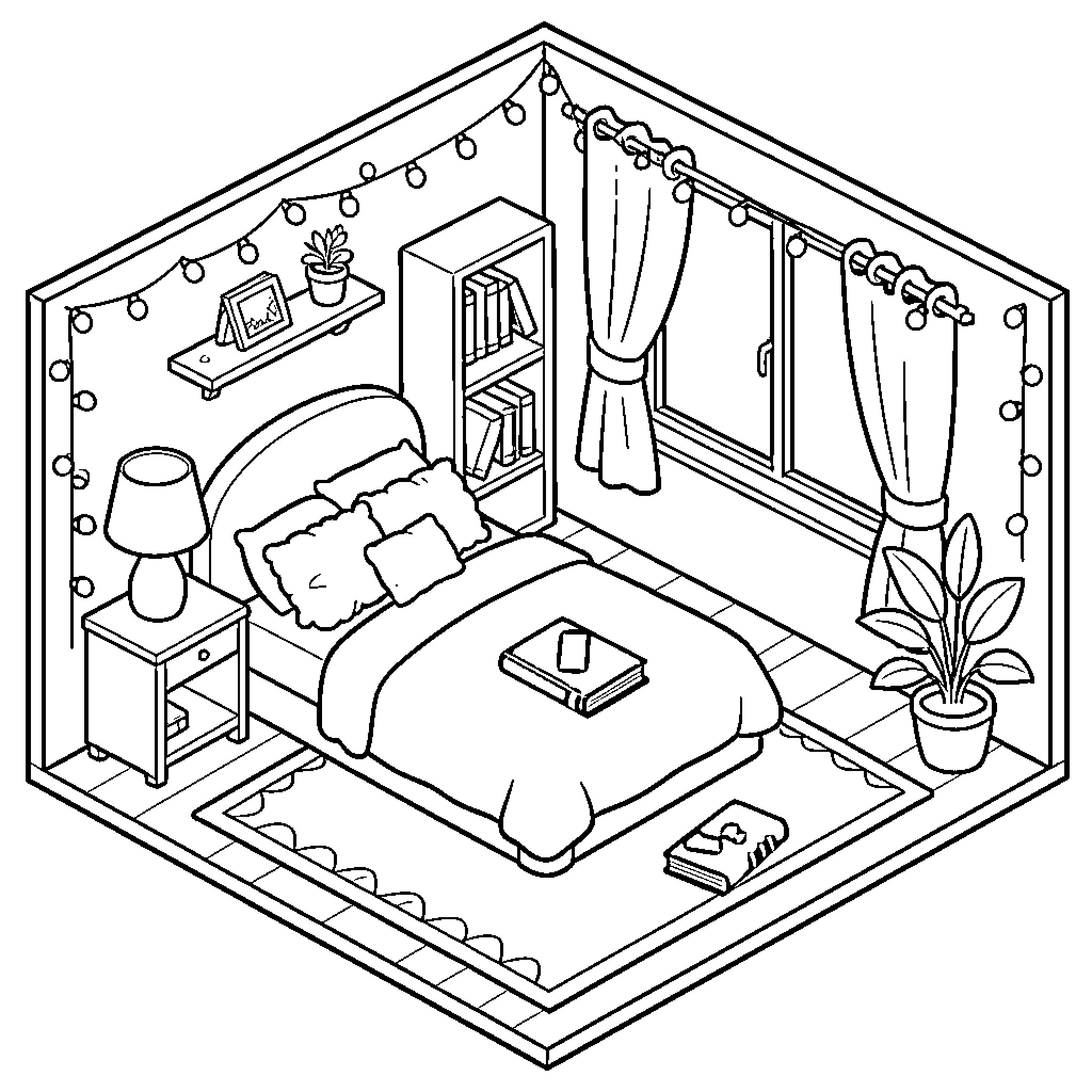 Bedroom scene with cozy furnishings and decor Coloring Page (free black-and-white line drawing printable PDF for all, from beginners to advanced learners, including children, teens, adults, and seniors)