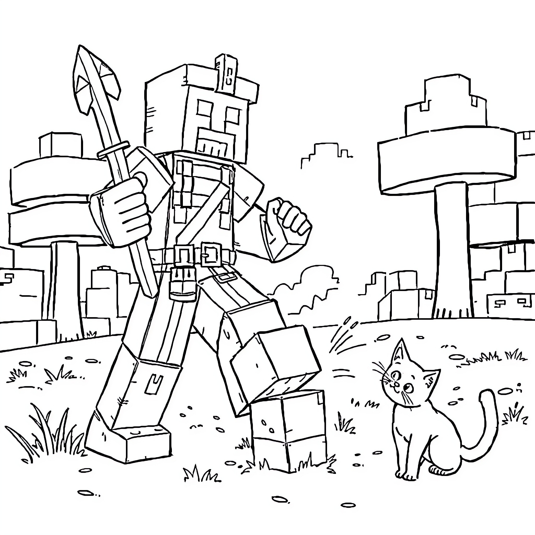 Warden robot patrolling cityscape with curious cat Coloring Page (free black-and-white line drawing printable PDF for all, from beginners to advanced learners, including children, teens, adults, and seniors)