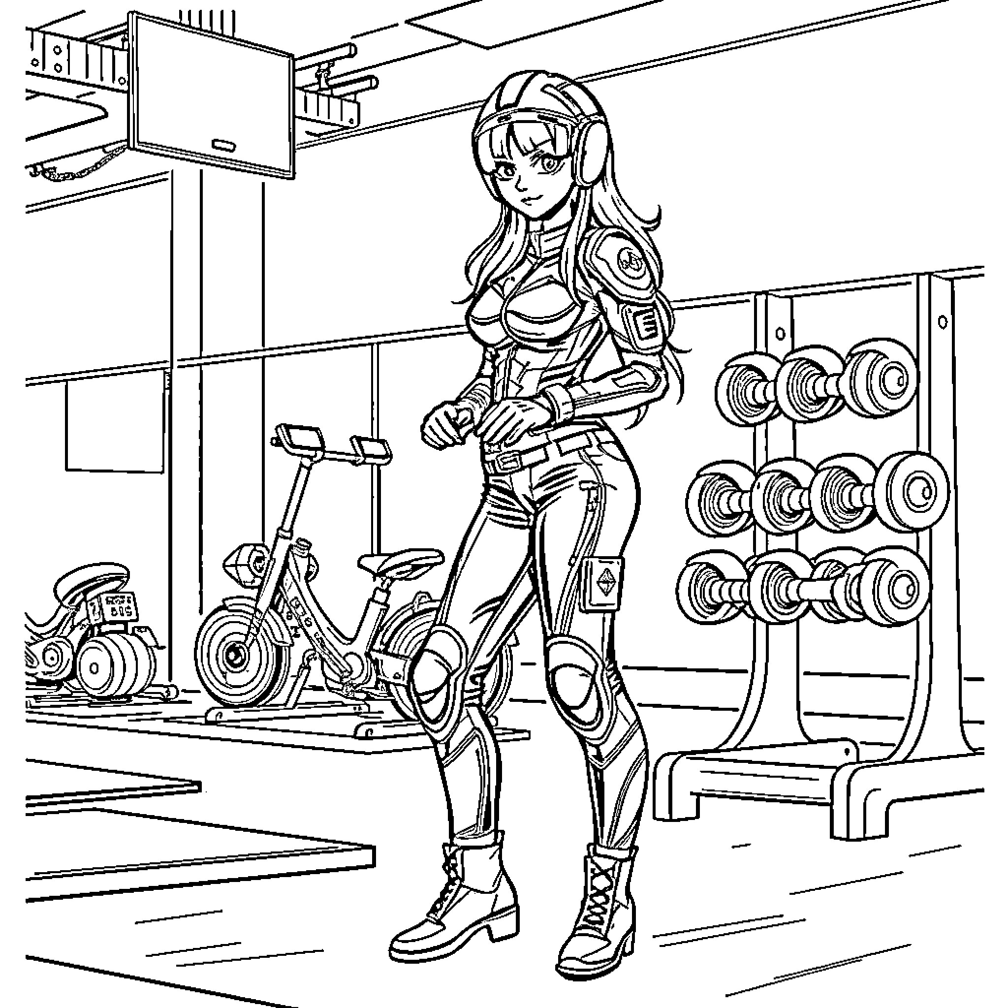 Girl in futuristic gear in an industrial setting Coloring Page (free black-and-white line drawing printable PDF for all, from beginners to advanced learners, including children, teens, adults, and seniors)