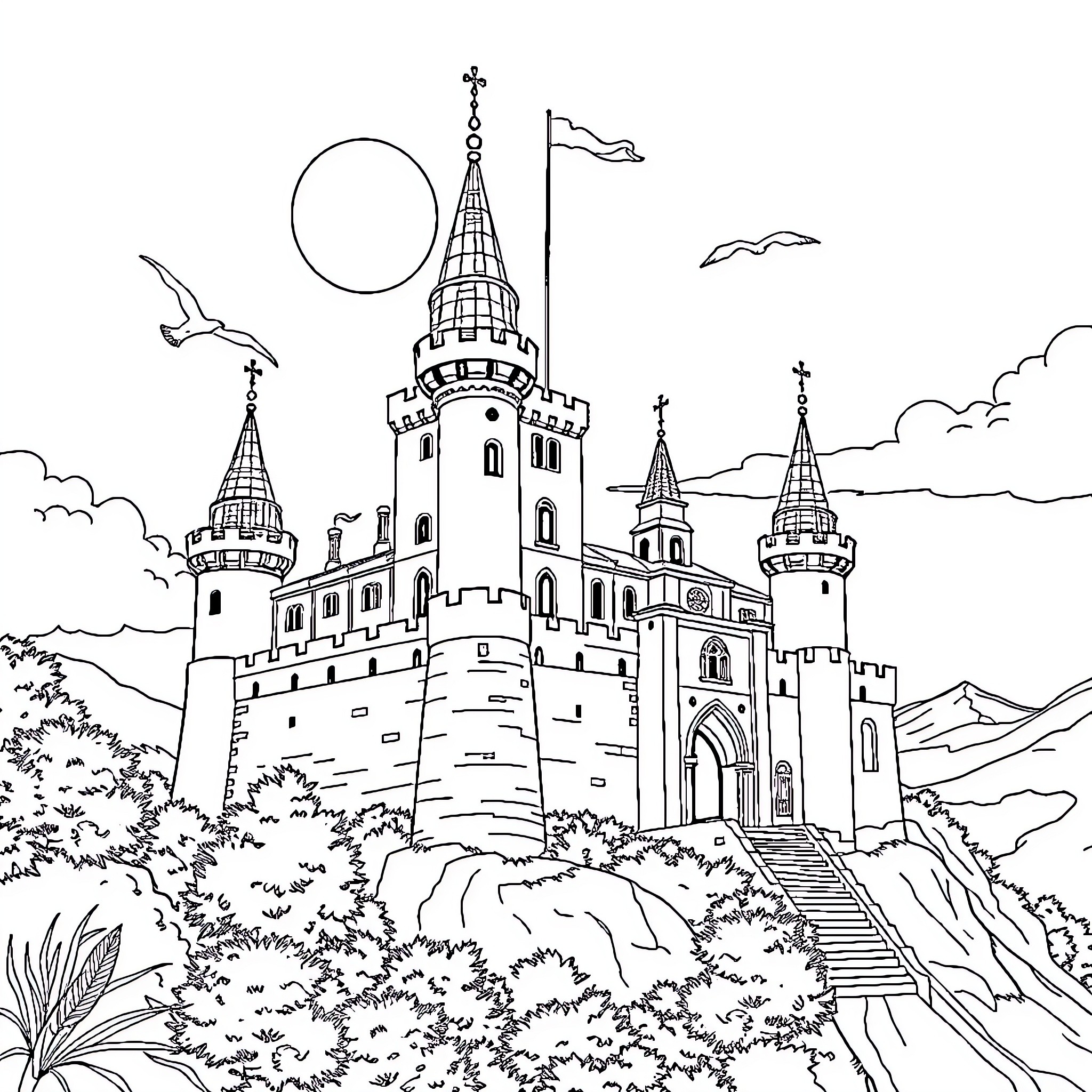 Castle with Ornate Architecture and Scenic Surroundings Coloring Page (free black-and-white line drawing printable PDF for all, from beginners to advanced learners, including children, teens, adults, and seniors)