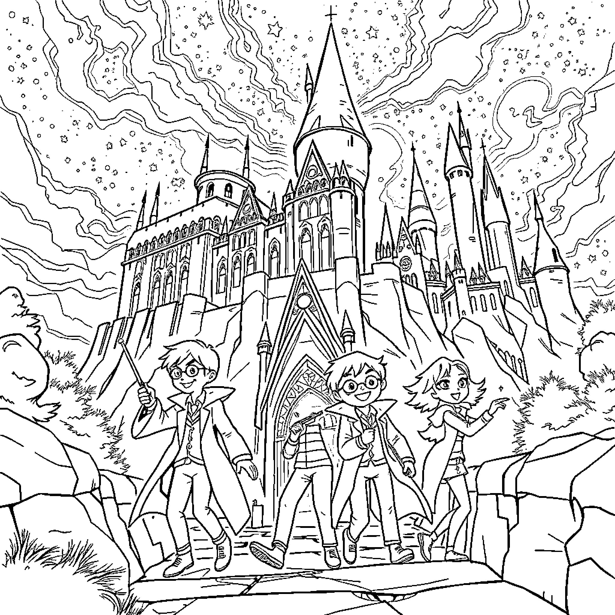 Spy adventure at the magical castle Coloring Page (free black-and-white line drawing printable PDF for all, from beginners to advanced learners, including children, teens, adults, and seniors)