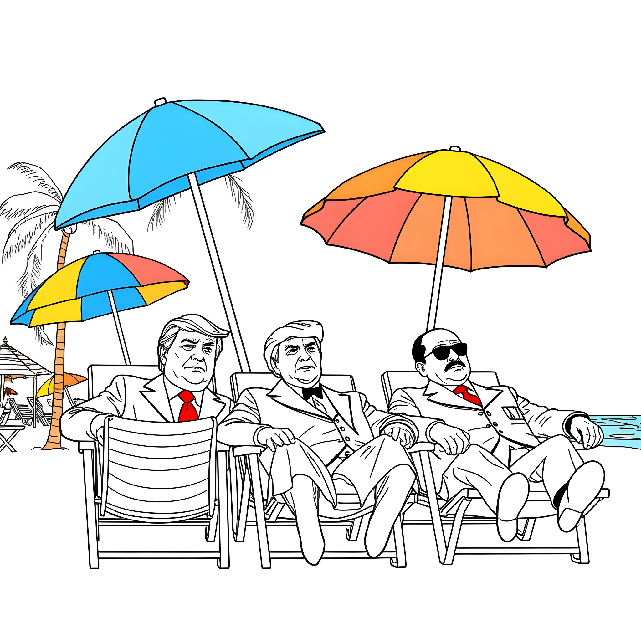 Historical Figures Relaxing on the Beach Coloring Page (free black-and-white line drawing printable PDF for all, from beginners to advanced learners, including children, teens, adults, and seniors)