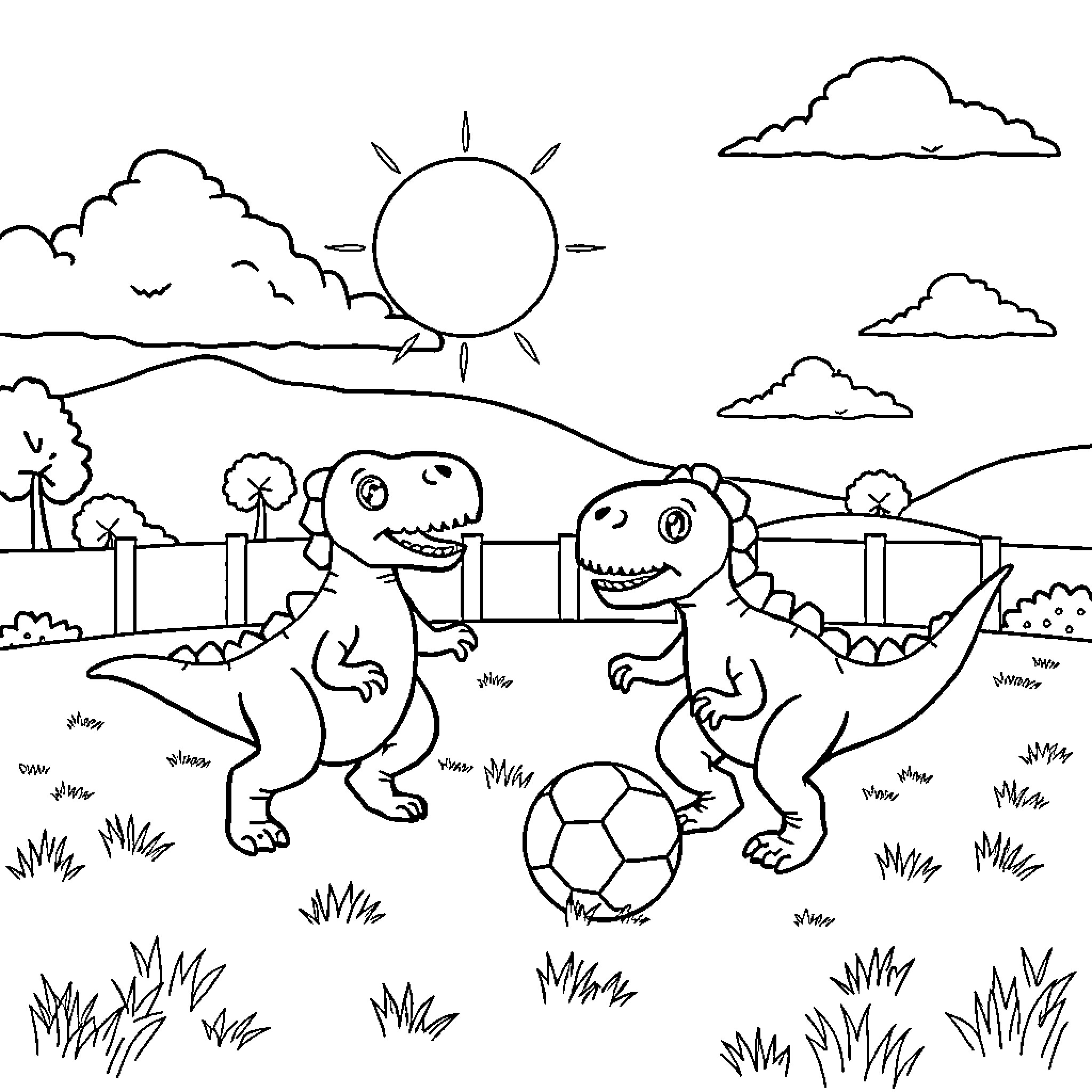 Baby Dinosaurs Playing Joyfully with Soccer Ball Coloring Page (free black-and-white line drawing printable PDF for all, from beginners to advanced learners, including children, teens, adults, and seniors)