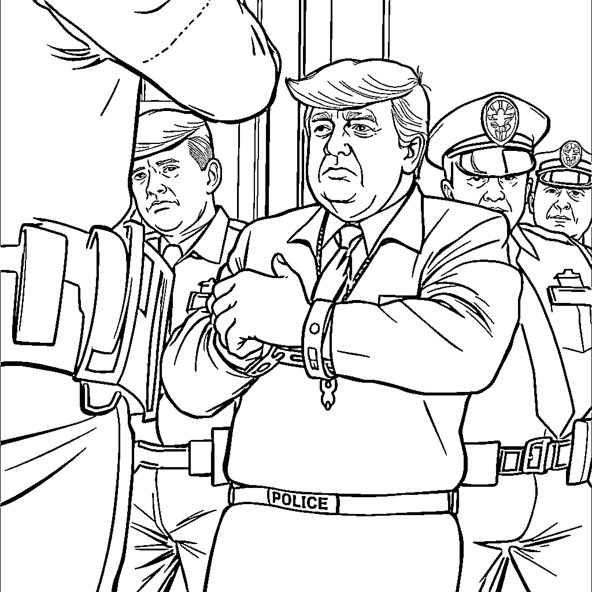 Donald Trump being arrested by police officers Coloring Page (free black-and-white line drawing printable PDF for all, from beginners to advanced learners, including children, teens, adults, and seniors)