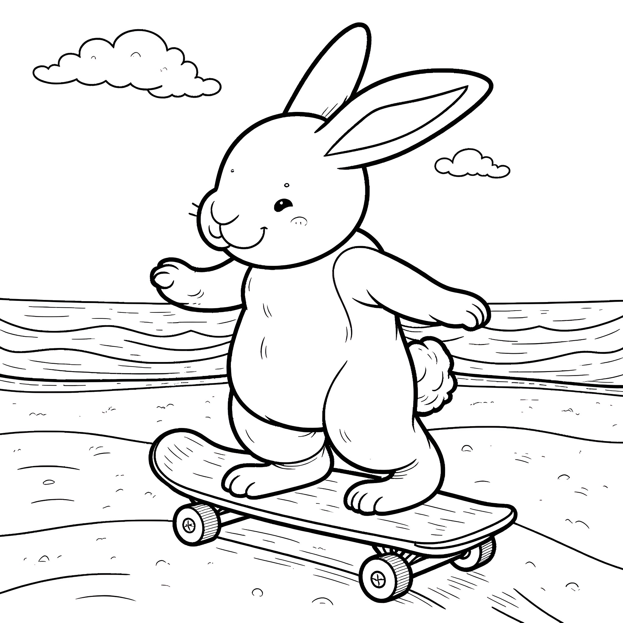 Rabbit riding a skateboard on the beach Coloring Page (free black-and-white line drawing printable PDF for all, from beginners to advanced learners, including children, teens, adults, and seniors)