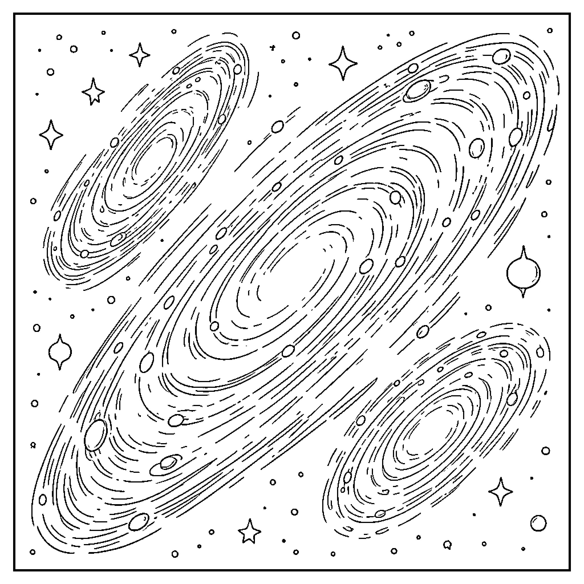 Galaxy swirling through a field of stars Coloring Page (free black-and-white line drawing printable PDF for all, from beginners to advanced learners, including children, teens, adults, and seniors)