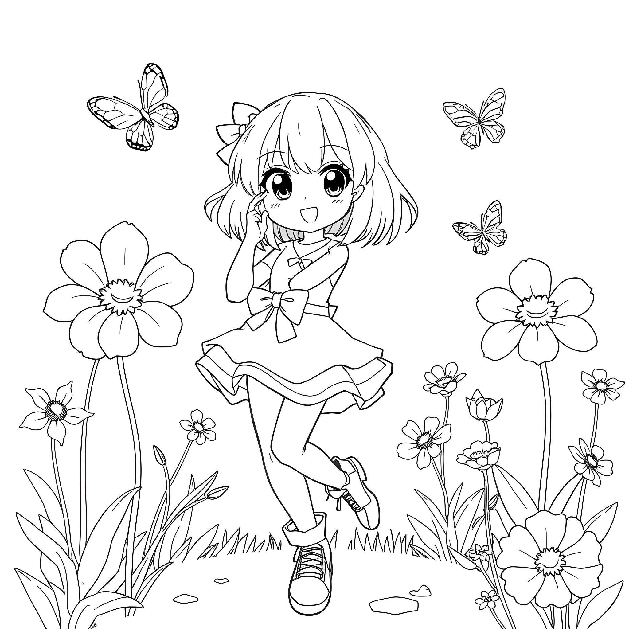 Anime Teen Enjoying Nature's Beauty Coloring Page (free black-and-white line drawing printable PDF for all, from beginners to advanced learners, including children, teens, adults, and seniors)