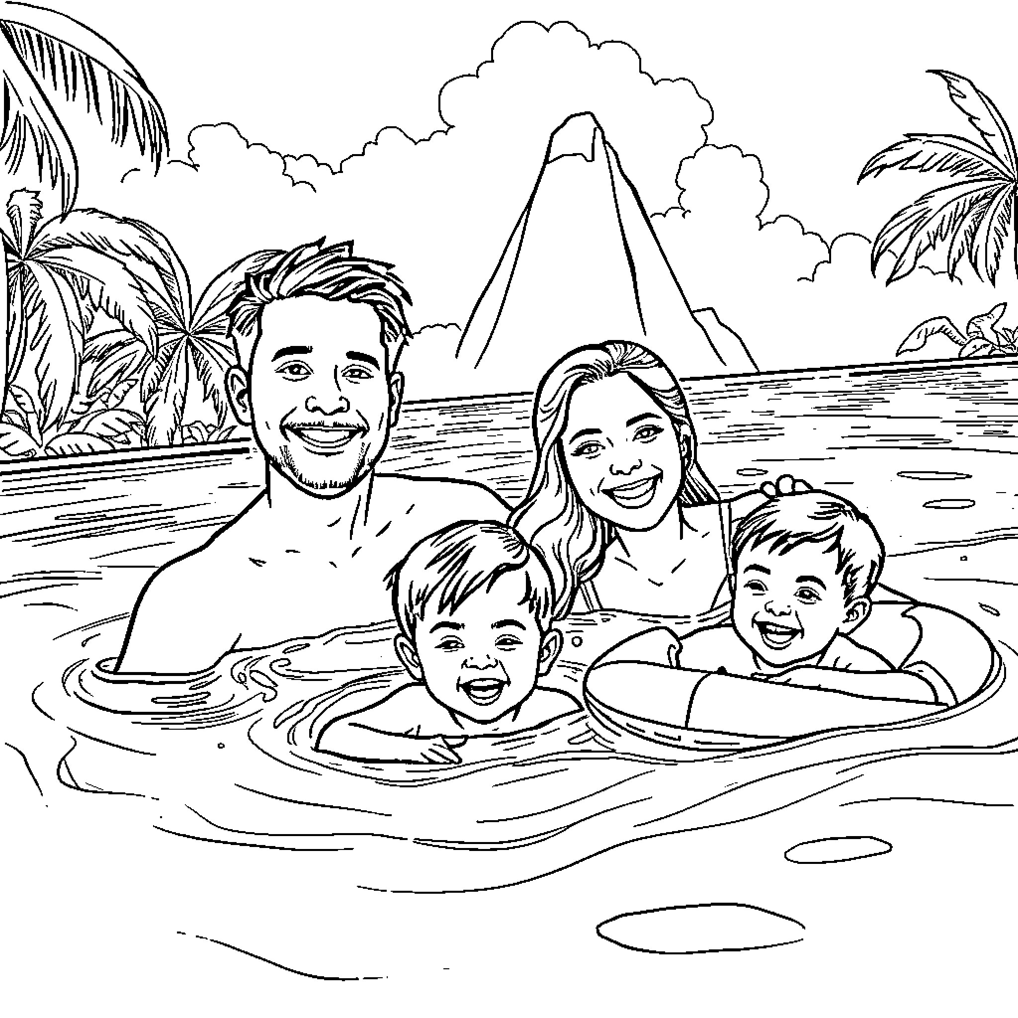 Family enjoying a day at the beach Coloring Page (free black-and-white line drawing printable PDF for all, from beginners to advanced learners, including children, teens, adults, and seniors)