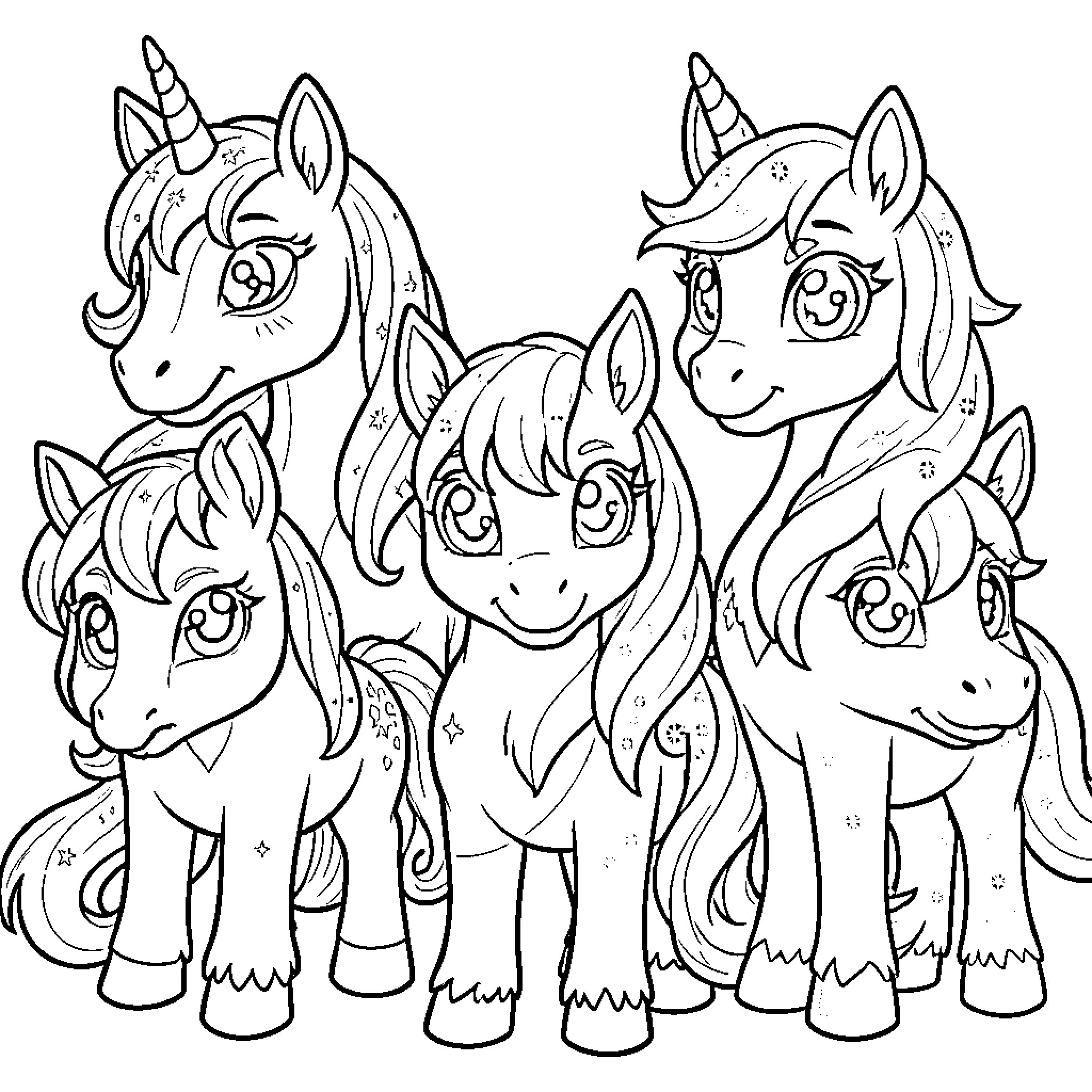 Rainbocorns playing together happily Coloring Page (free black-and-white line drawing printable PDF for all, from beginners to advanced learners, including children, teens, adults, and seniors)