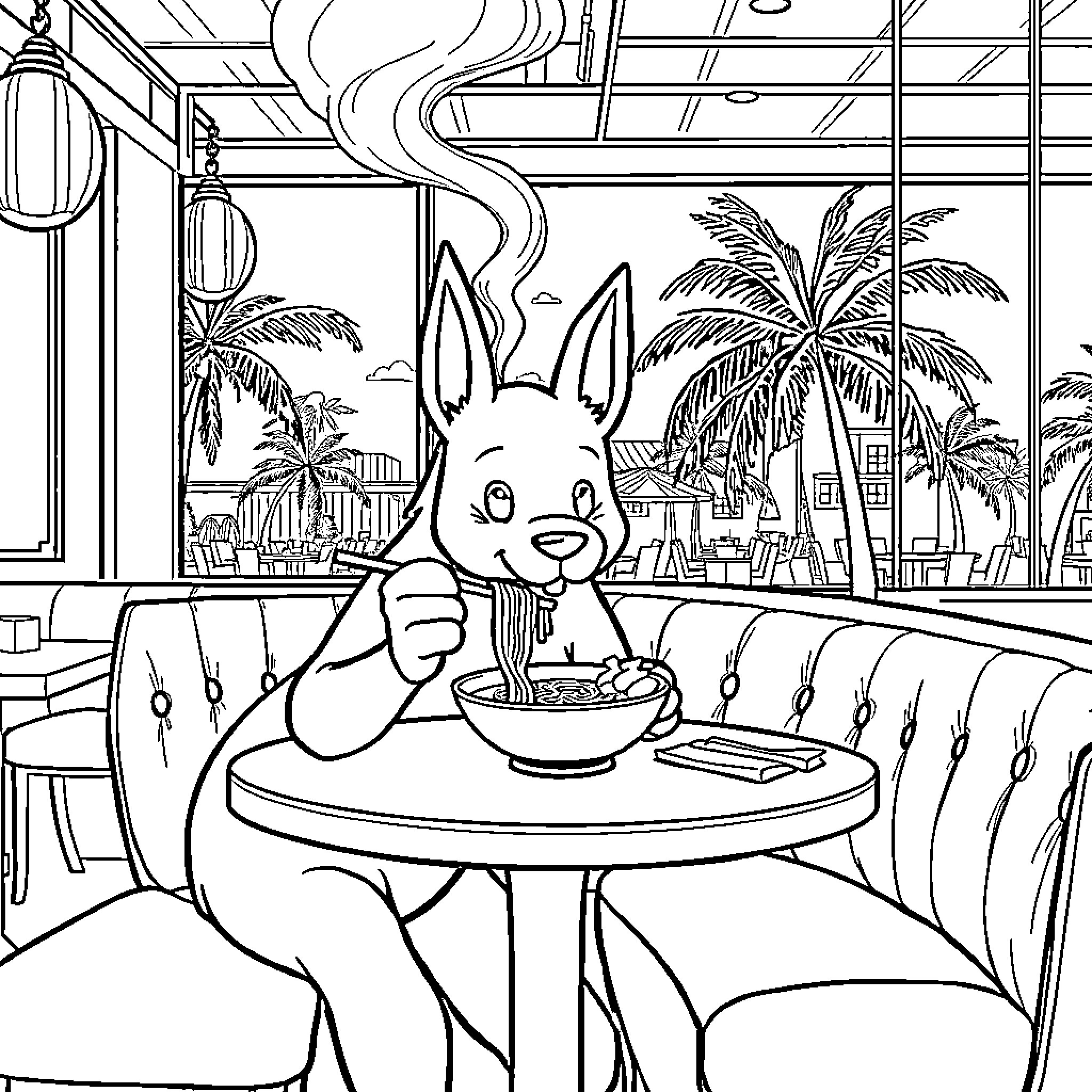 Huntrix Enjoying Tropical Cafe Scene Coloring Page (free black-and-white line drawing printable PDF for all, from beginners to advanced learners, including children, teens, adults, and seniors)