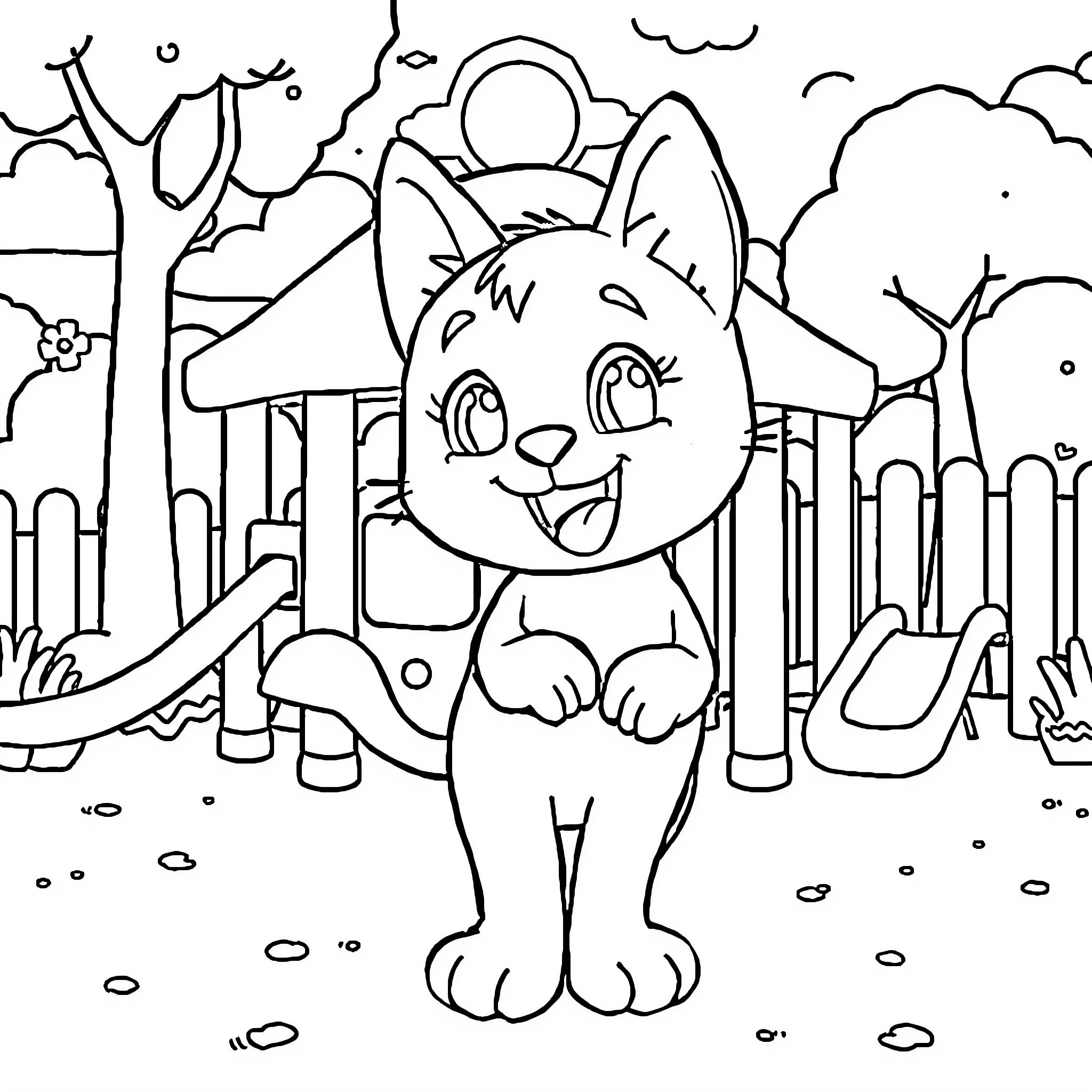 Kuromi playing happily on the playground Coloring Page (free black-and-white line drawing printable PDF for all, from beginners to advanced learners, including children, teens, adults, and seniors)