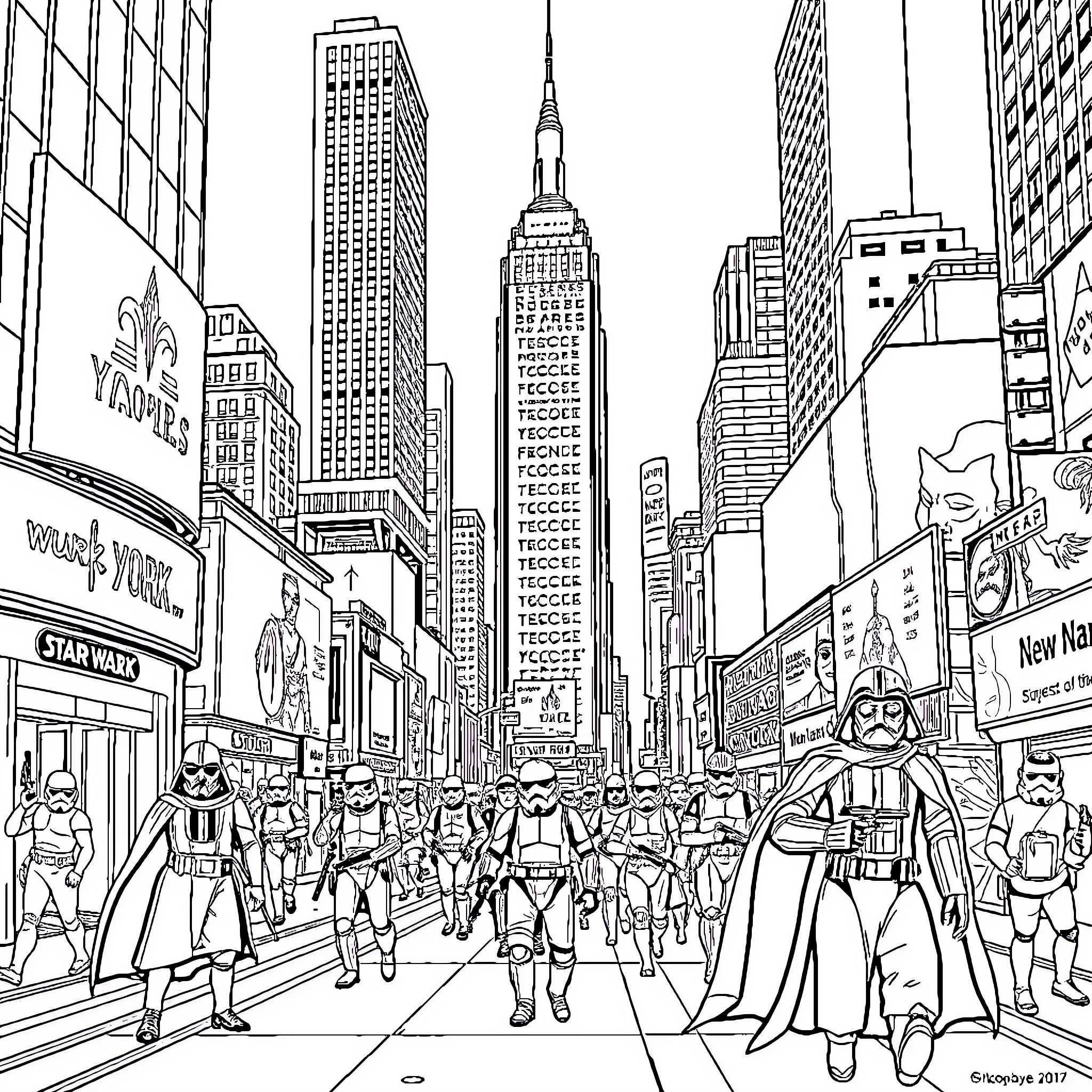 New York City Street Scene with Bustling Crowd Coloring Page (free black-and-white line drawing printable PDF for all, from beginners to advanced learners, including children, teens, adults, and seniors)