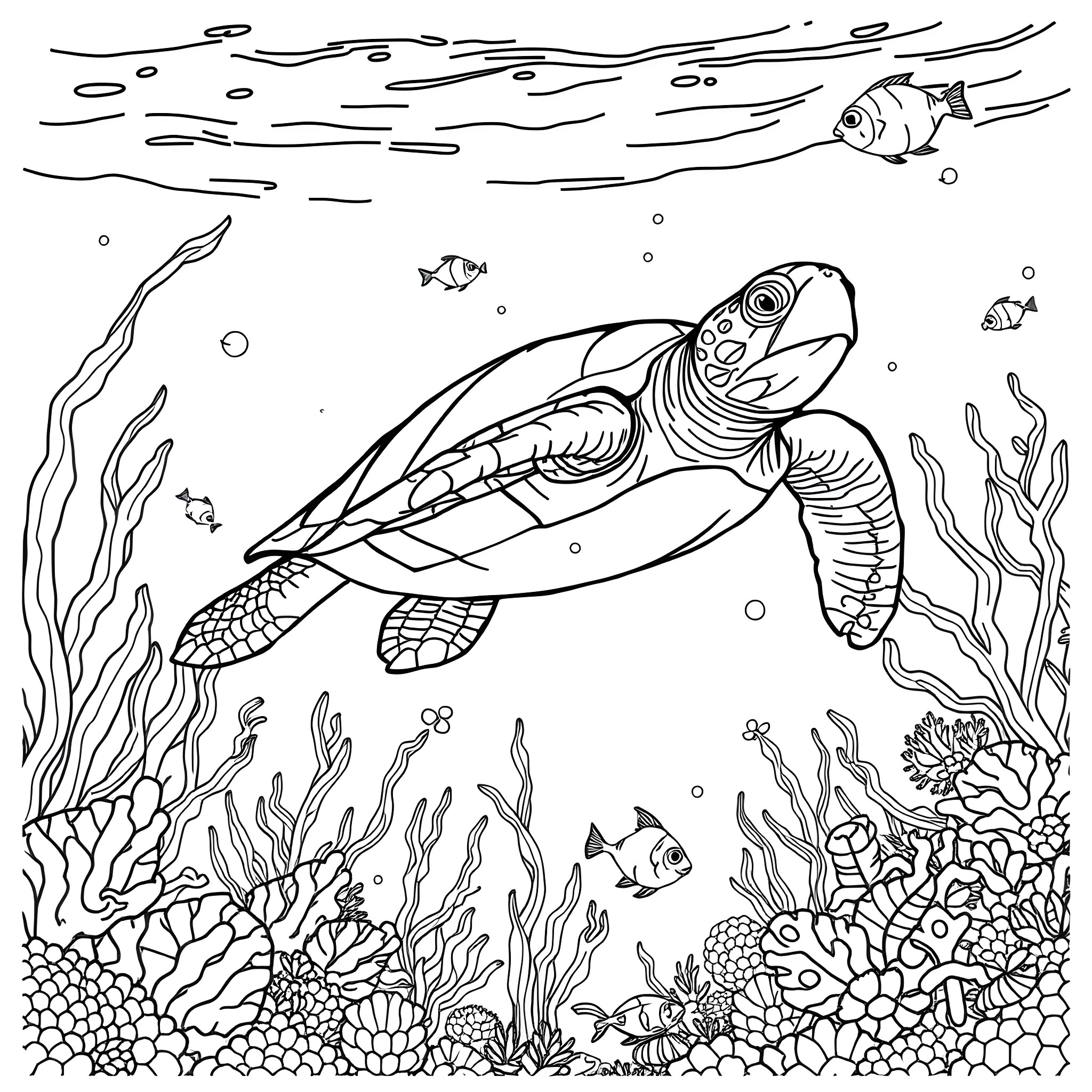 Sea Turtle swimming in the underwater coral reef Coloring Page (free black-and-white line drawing printable PDF for all, from beginners to advanced learners, including children, teens, adults, and seniors)