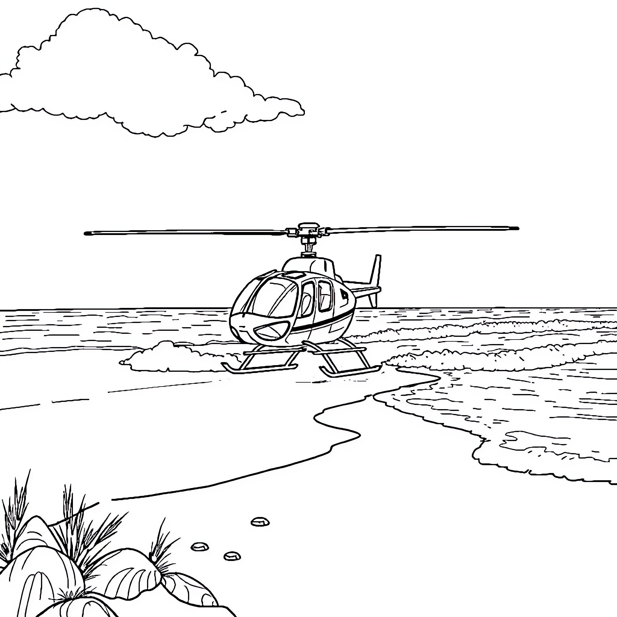 Helicopter landing on beach near tropical plants Coloring Page (free black-and-white line drawing printable PDF for all, from beginners to advanced learners, including children, teens, adults, and seniors)