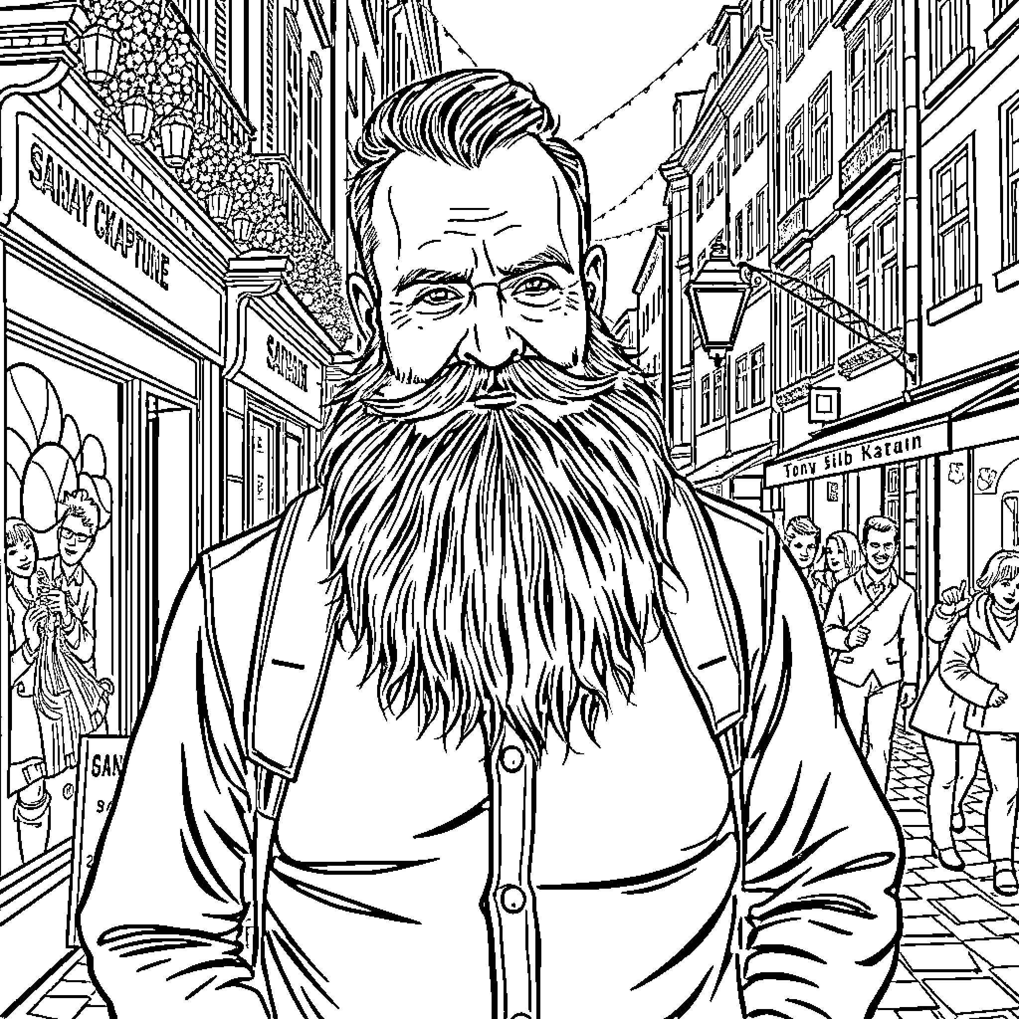 Tony's Whimsical Mustached Adventure in the City Coloring Page (free black-and-white line drawing printable PDF for all, from beginners to advanced learners, including children, teens, adults, and seniors)