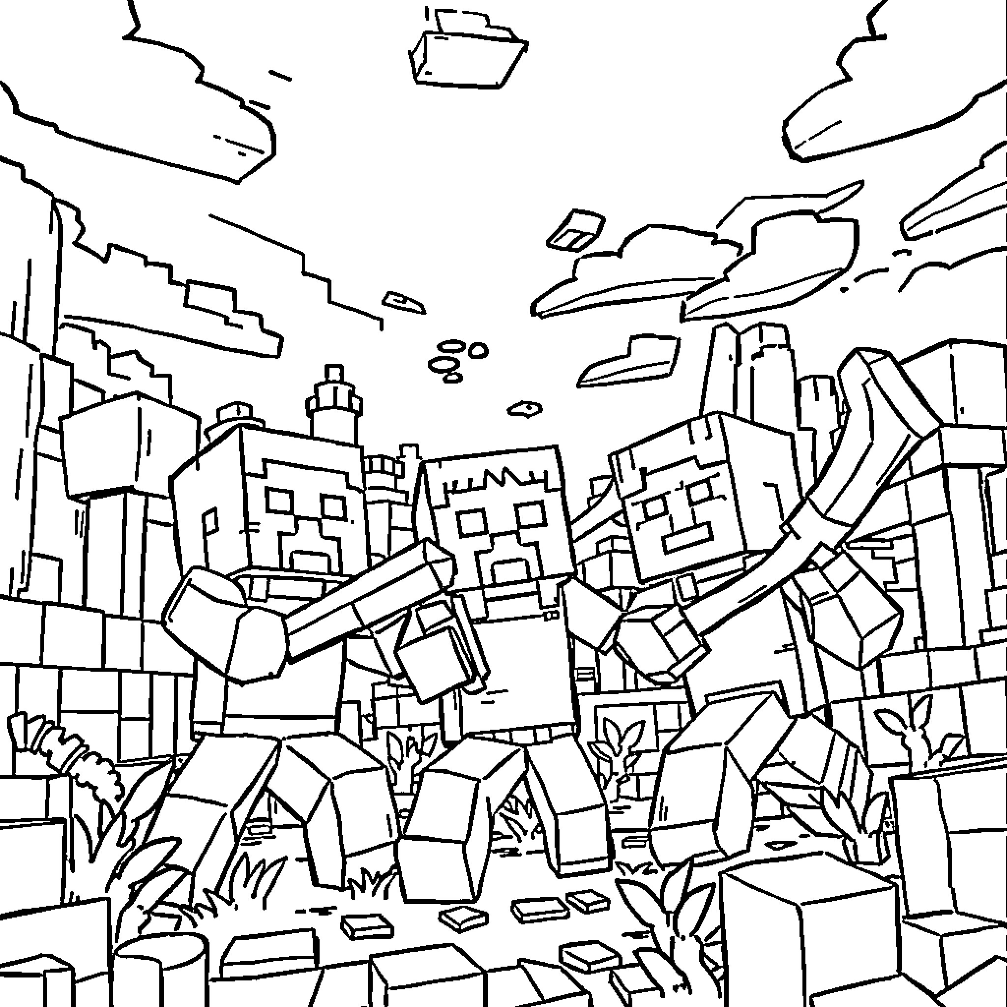 Minecraft Cityscape with Structures and Landscapes Coloring Page (free black-and-white line drawing printable PDF for all, from beginners to advanced learners, including children, teens, adults, and seniors)