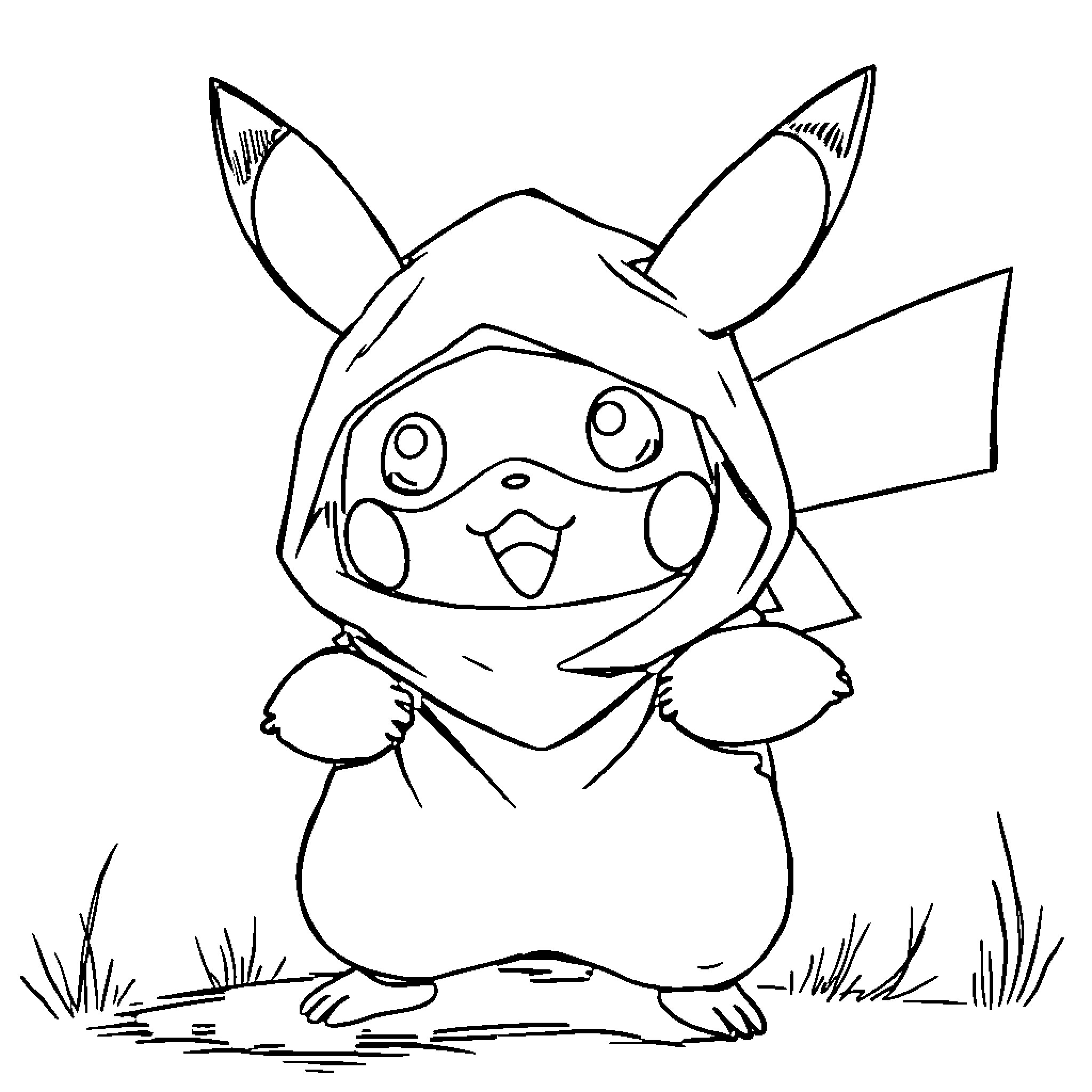 Pikachu in a Playful Pose Coloring Page (free black-and-white line drawing printable PDF for all, from beginners to advanced learners, including children, teens, adults, and seniors)
