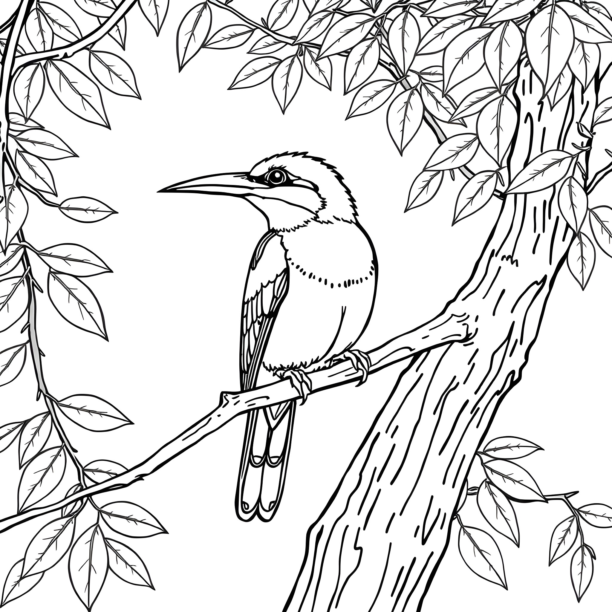 Bee Eater Bird Perched on Branch with Foliage Coloring Page (free black-and-white line drawing printable PDF for all, from beginners to advanced learners, including children, teens, adults, and seniors)